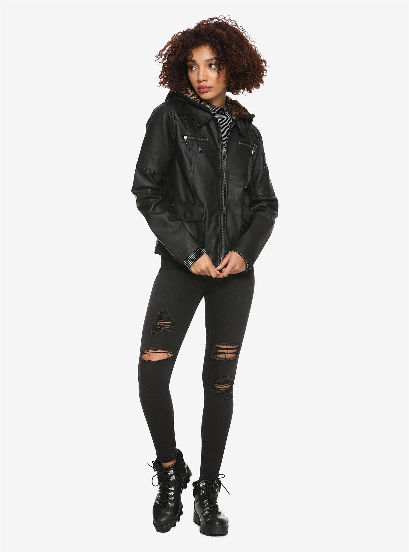 Leopard Print Moto Girls Hooded Jacket, , alternate