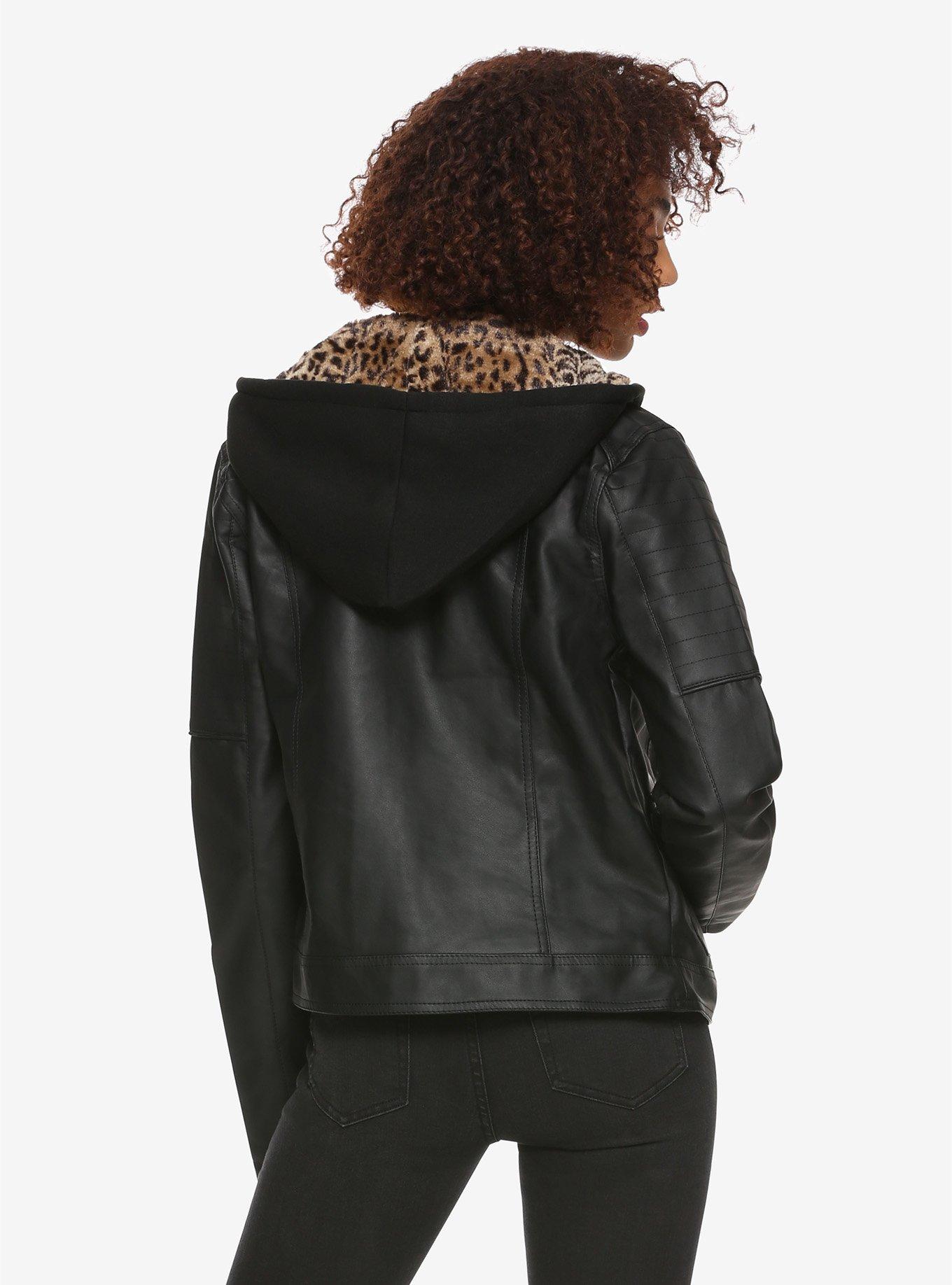 Leopard Print Moto Girls Hooded Jacket, , alternate