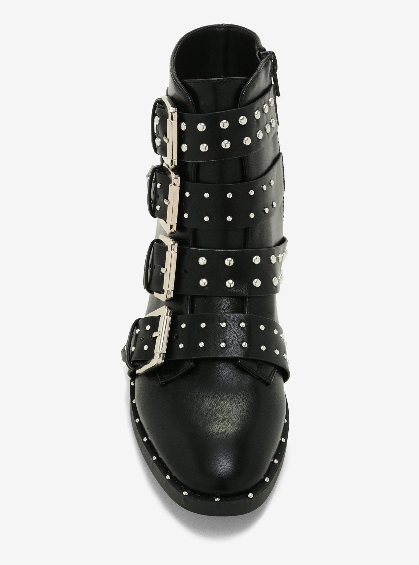 Studded Four Strap Buckle Boots, BLACK, alternate