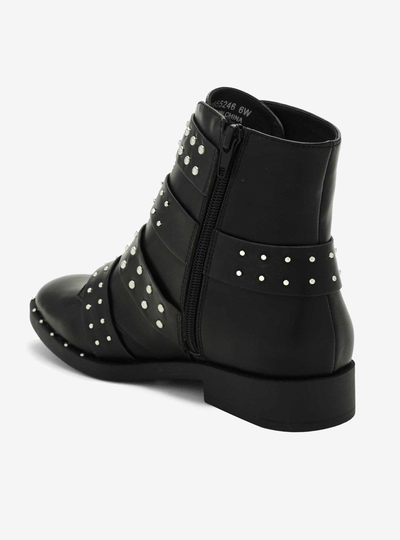 Studded Four Strap Buckle Boots, BLACK, alternate