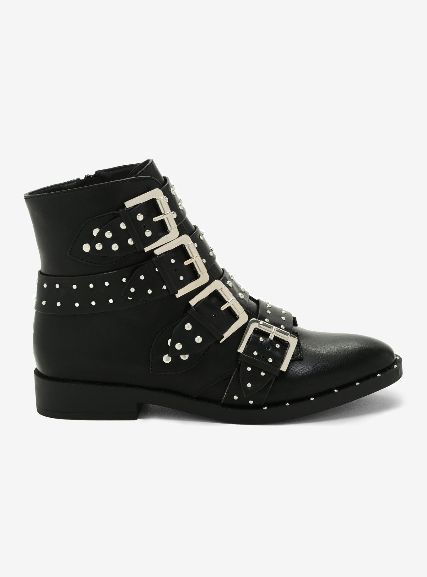 Studded Four Strap Buckle Boots, BLACK, alternate