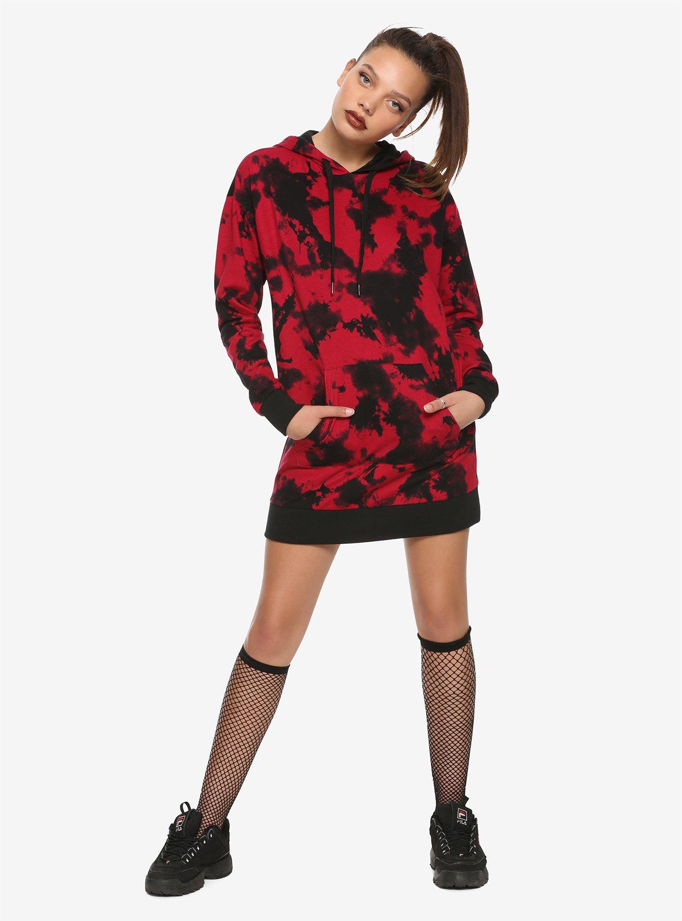 Red & Black Tie-Dye Hoodie Dress, , alternate