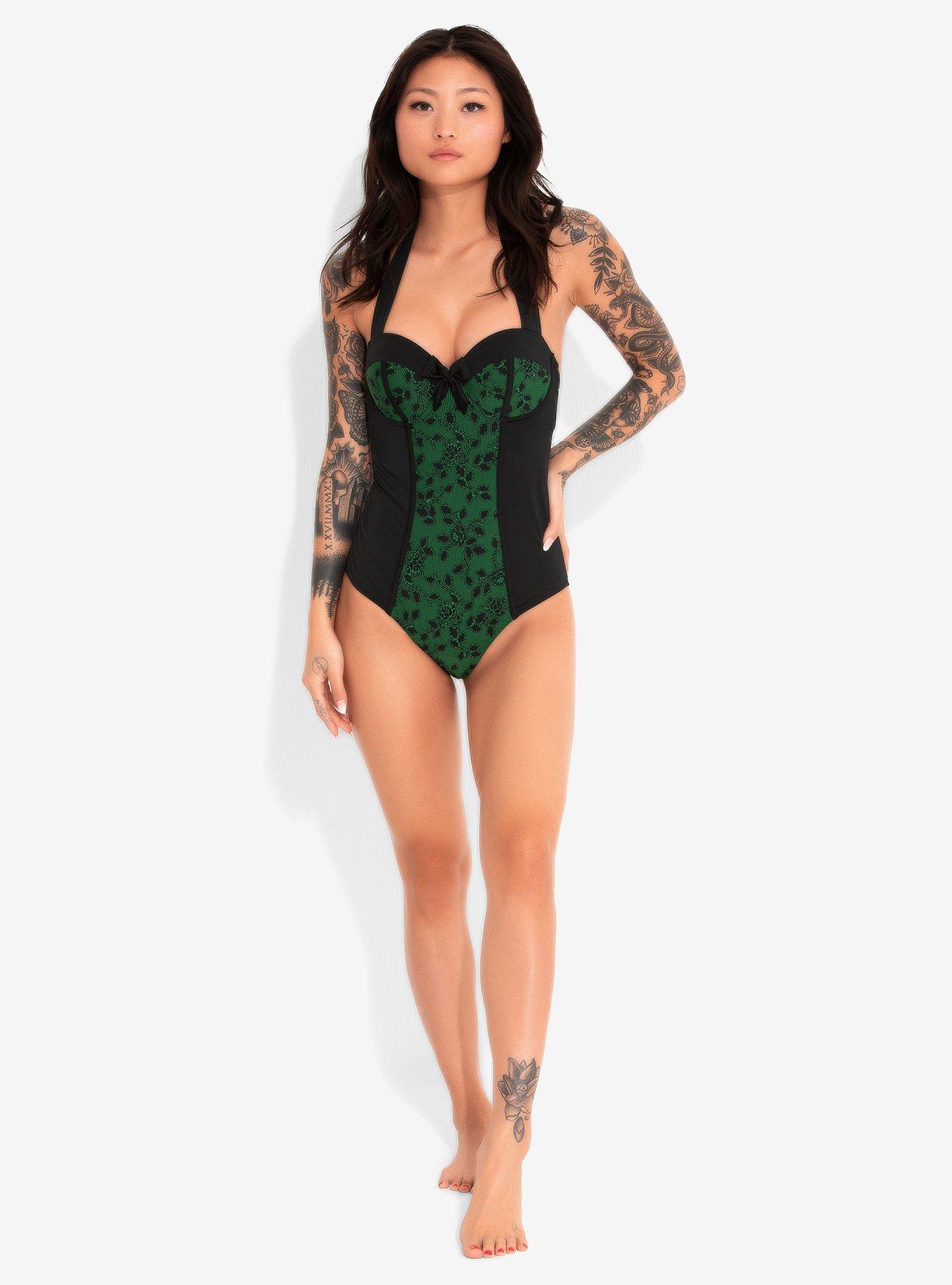 Green Floral Lace Panel Swimsuit, BLACK, alternate
