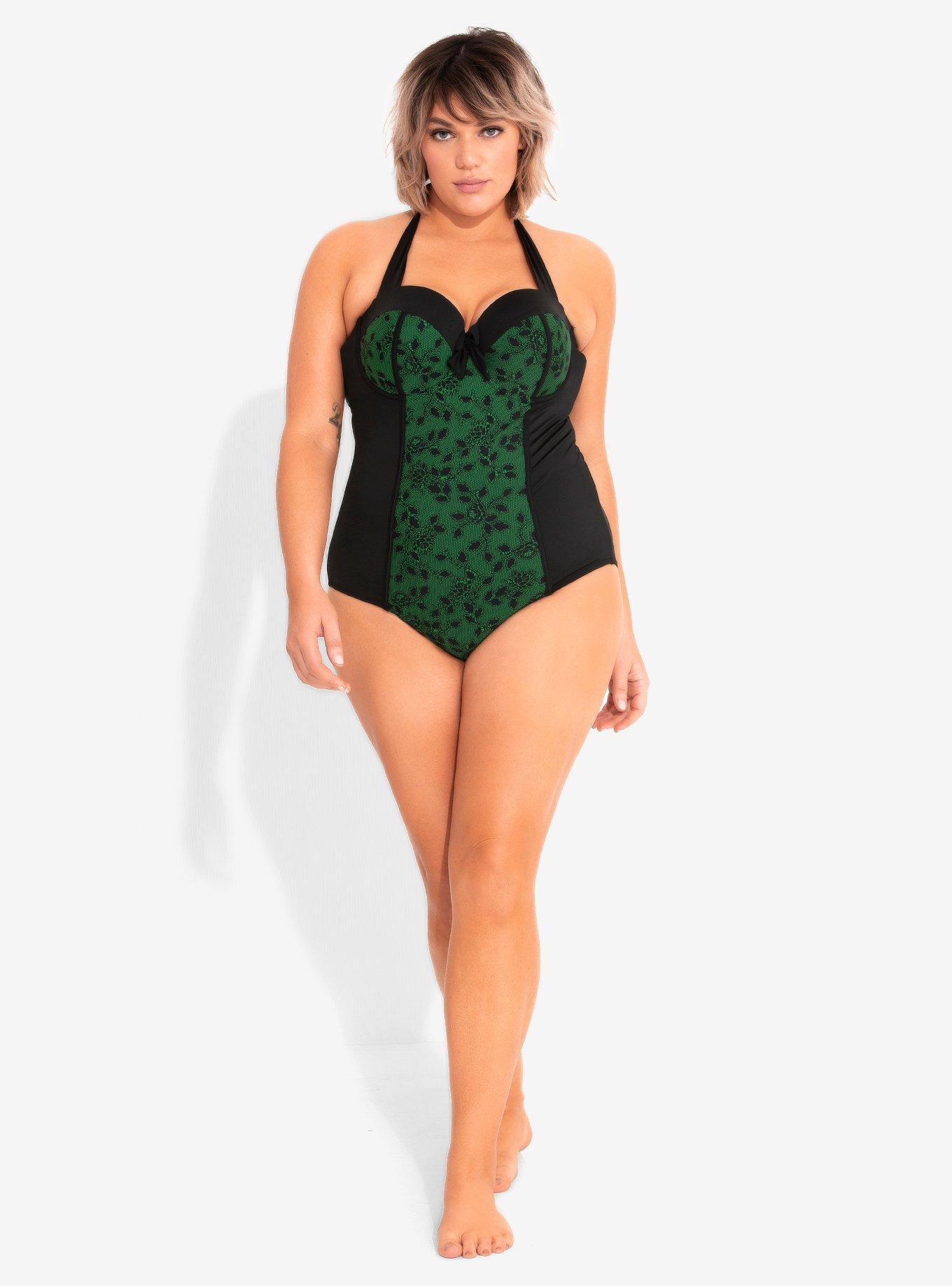 Green Floral Lace Panel Swimsuit Plus Size, , alternate