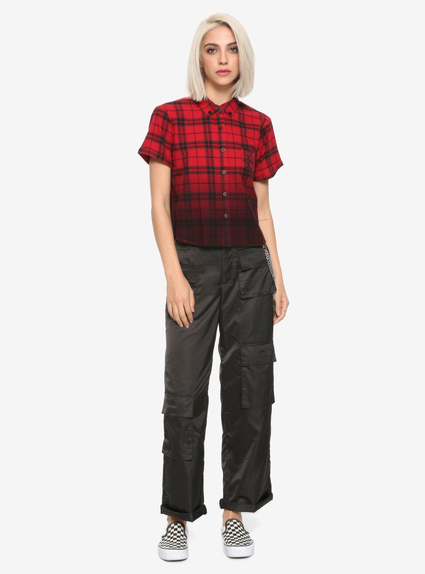 Disney Kingdom Hearts III Axel Plaid Girls Crop Woven Button-Up Hot Topic Exclusive, , alternate
