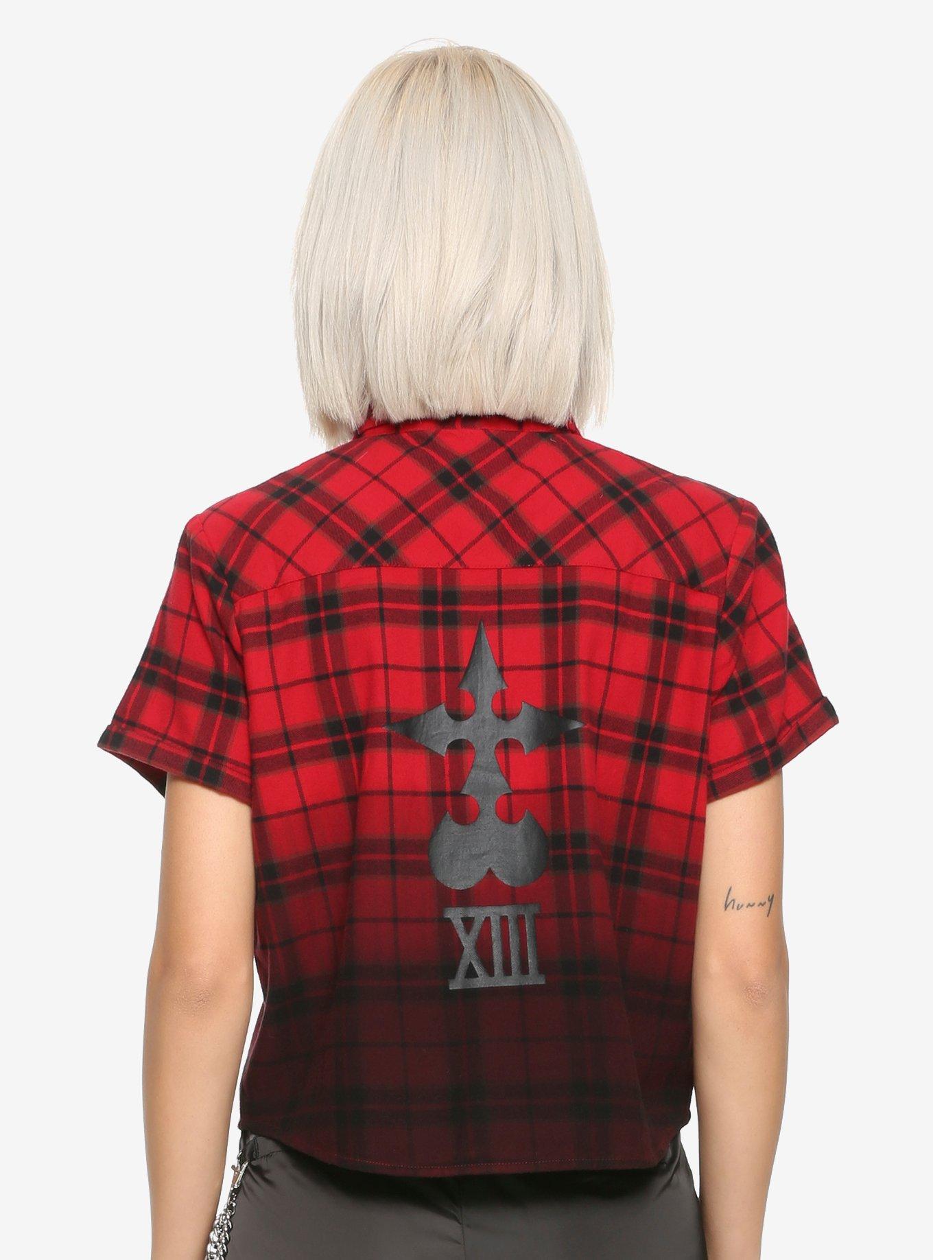 Disney Kingdom Hearts III Axel Plaid Girls Crop Woven Button-Up Hot Topic Exclusive, , alternate