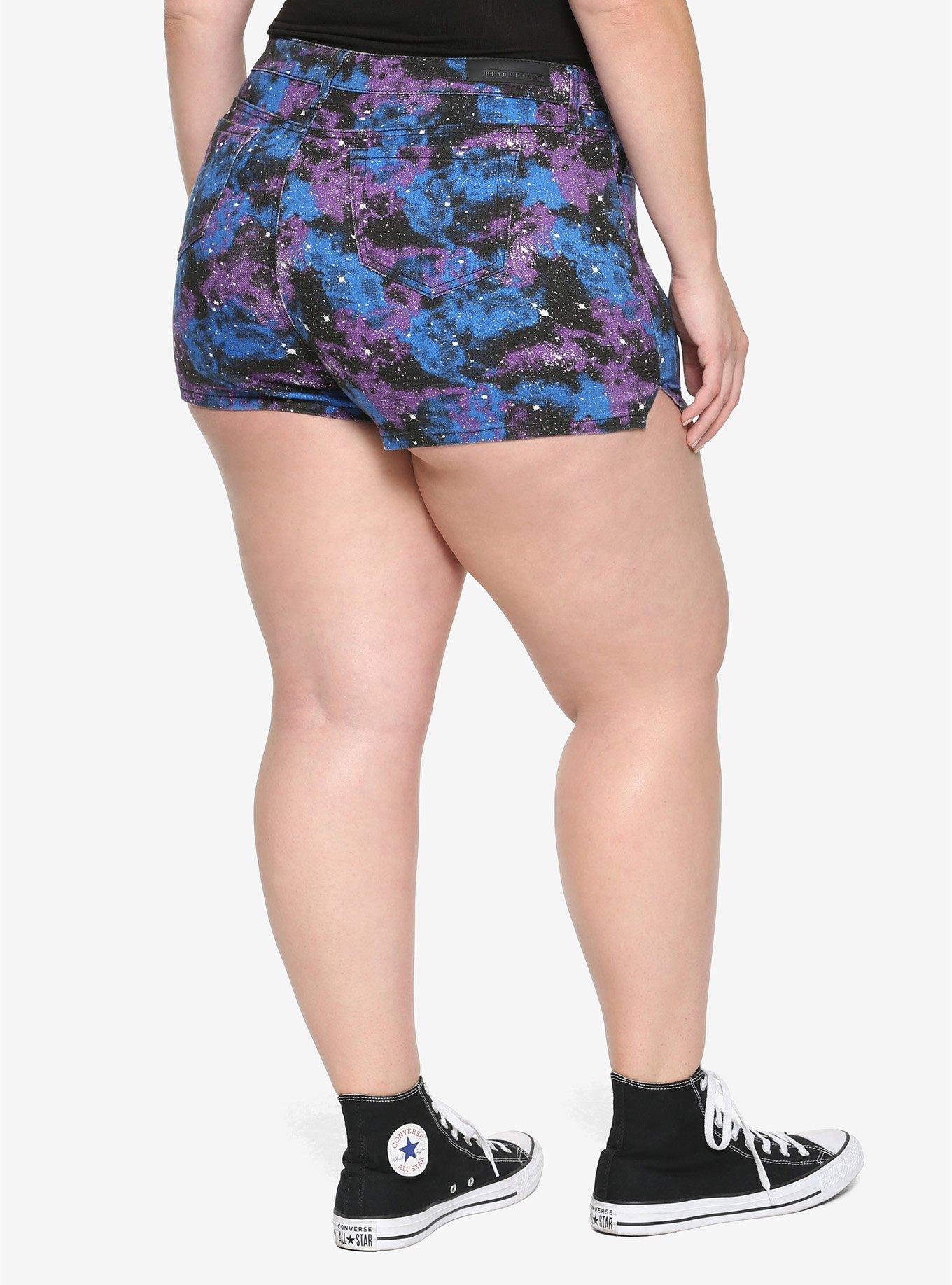 Blue & Purple Galaxy Hi-Rise Skinny Shorts With Slits Plus Size, , alternate