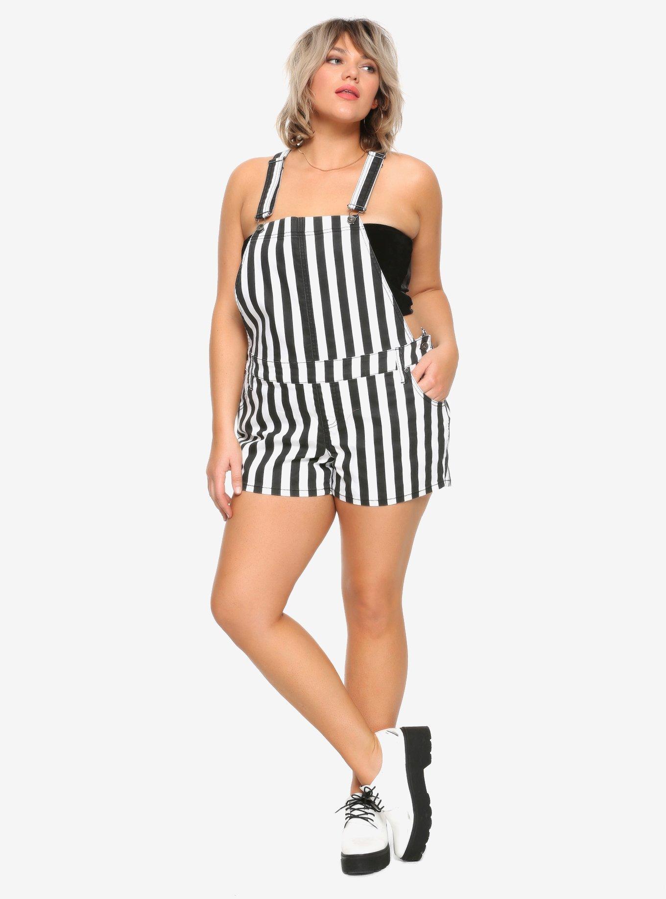 Black & White Striped Shortalls Plus Size, , alternate