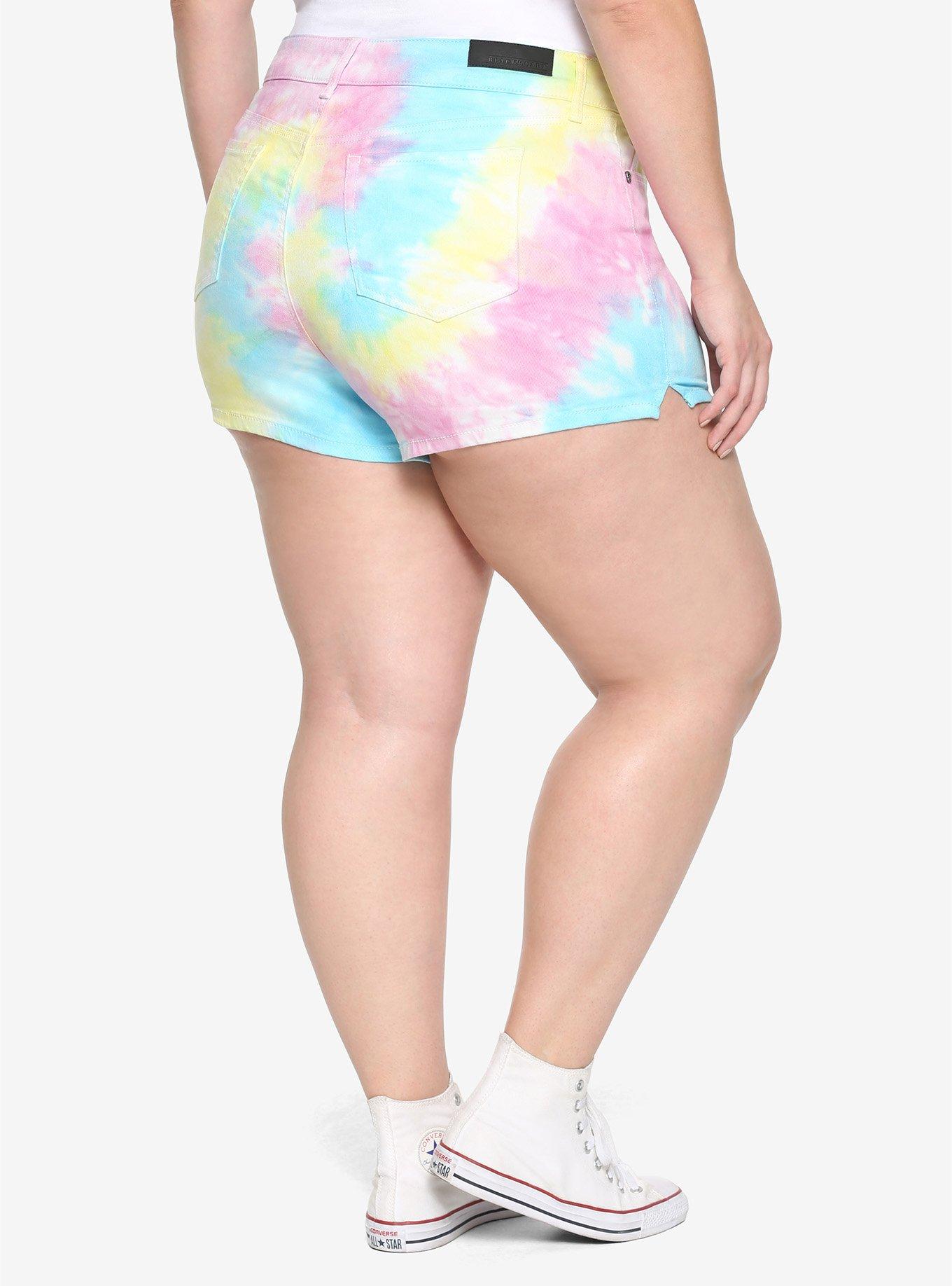 Pastel Tie-Dye Hi-Rise Skinny Shorts With Slits Plus Size, , alternate
