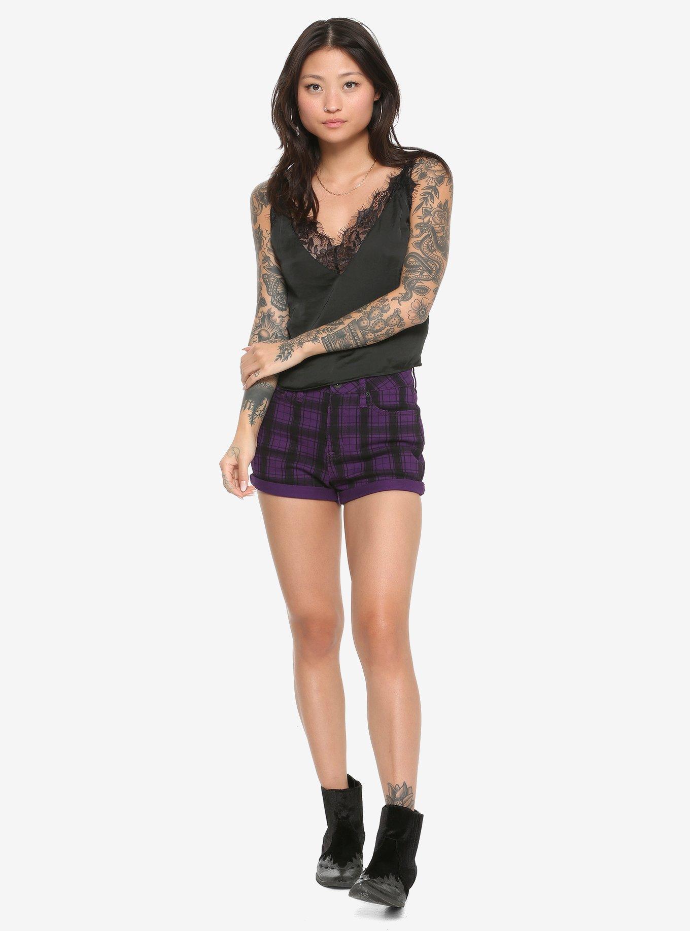 Purple Plaid Hi-Rise Skinny Shorts, PLAID, alternate