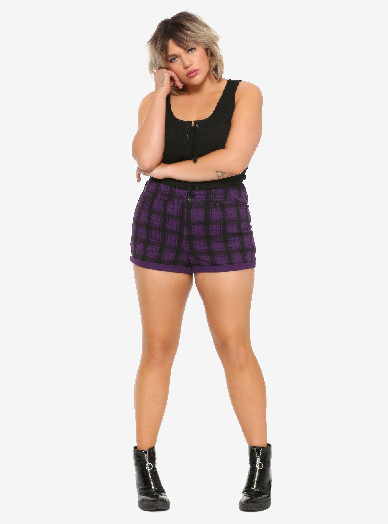 Purple Plaid Hi-Rise Skinny Shorts, , alternate
