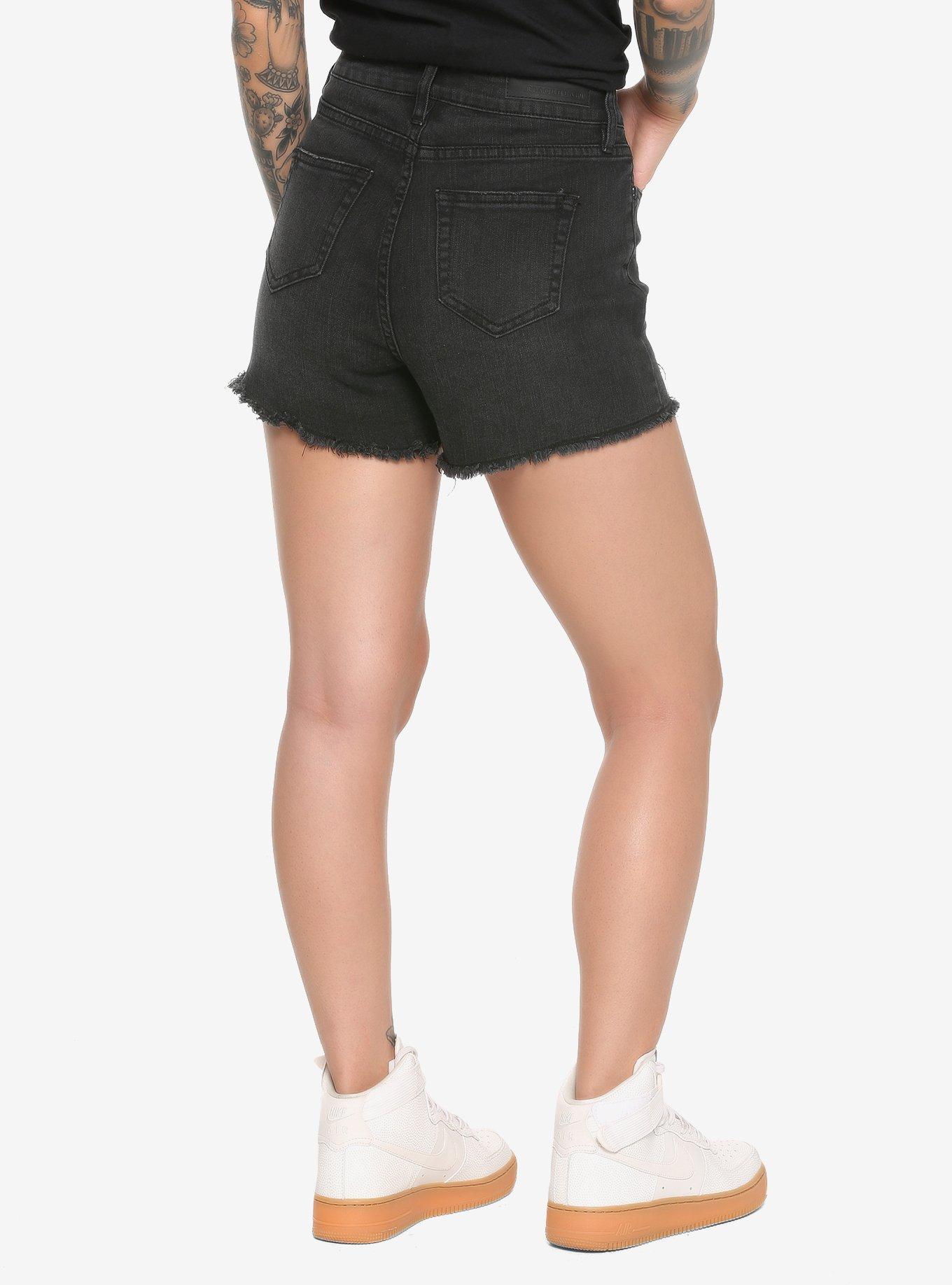 Black Distressed Hi-Rise Skinny Shorts, , alternate