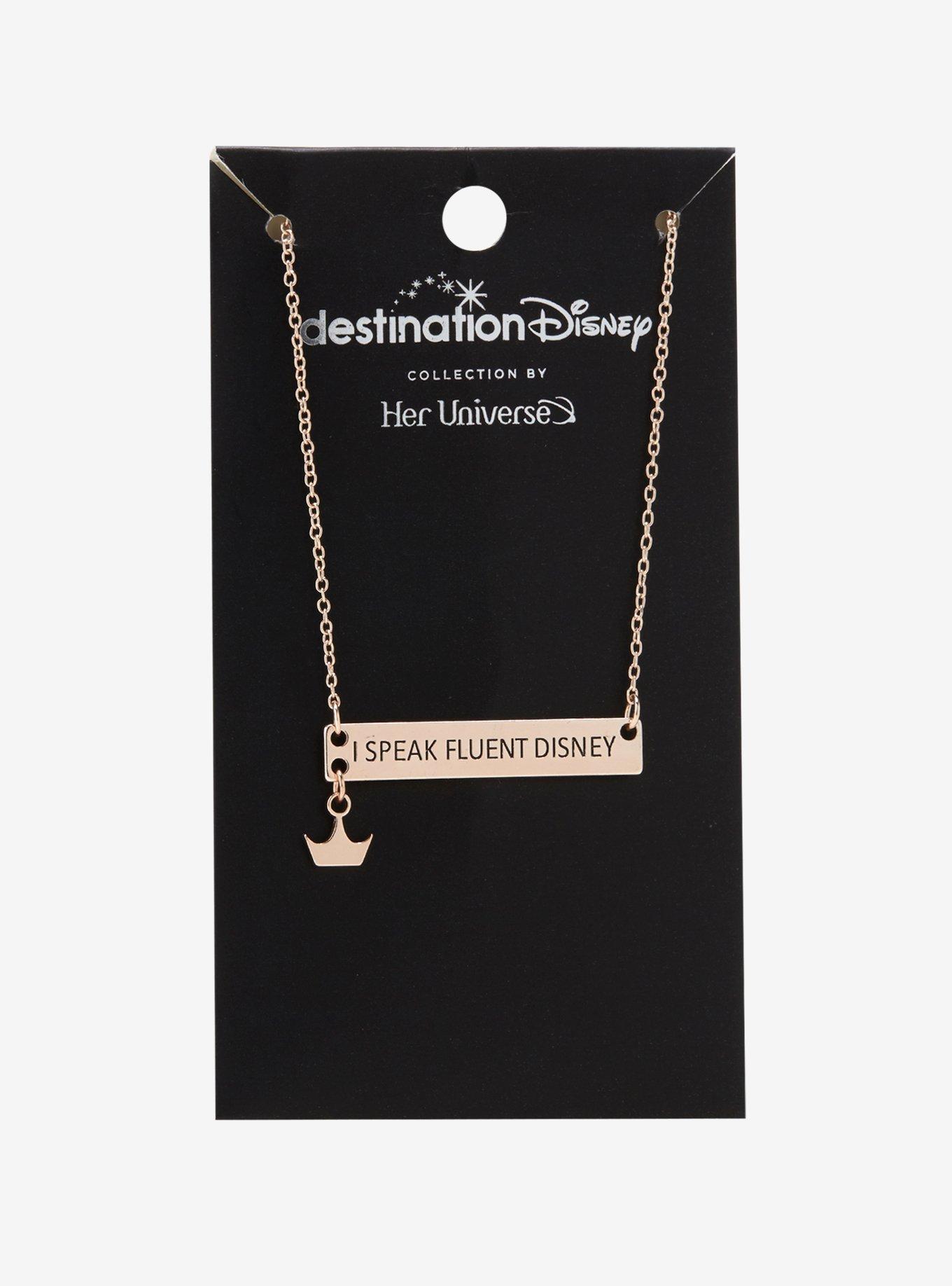 Her Universe Destination Disney I Speak Fluent Disney Crown Nameplate Necklace, , alternate