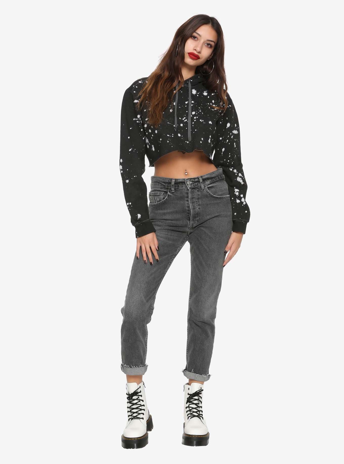 Black & White Bleach Splatter Girls Crop Hoodie, , alternate