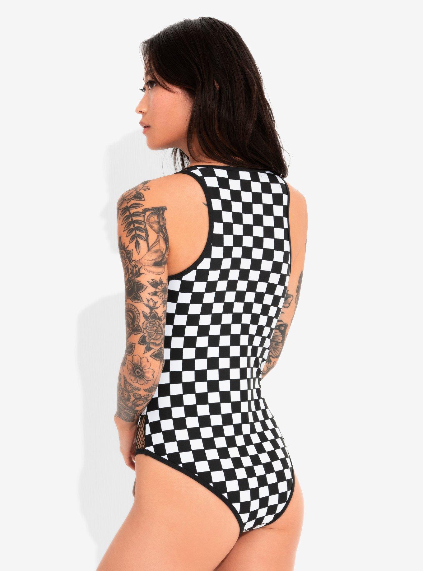 Black & White Checkered Zip-Up Swimsuit, BLACK  WHITE, alternate