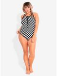 Black & White Checkered Zip-Up Swimsuit Plus Size, , alternate