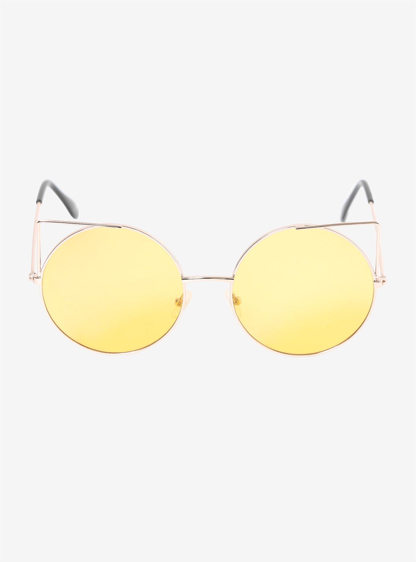 Yellow & Gold Cat Ear Wire Round Frame Sunglasses, , alternate
