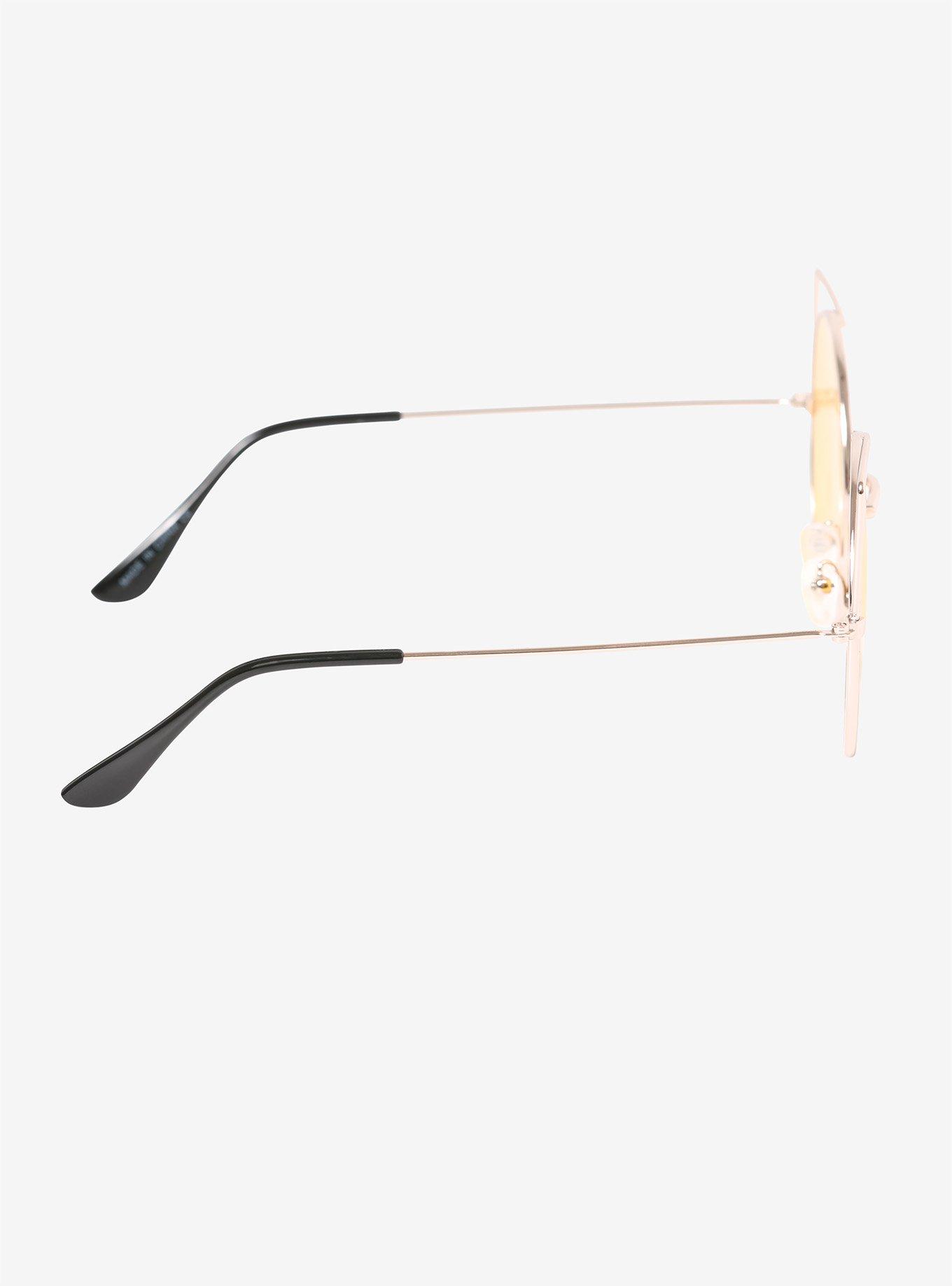 Yellow & Gold Cat Ear Wire Round Frame Sunglasses, , alternate