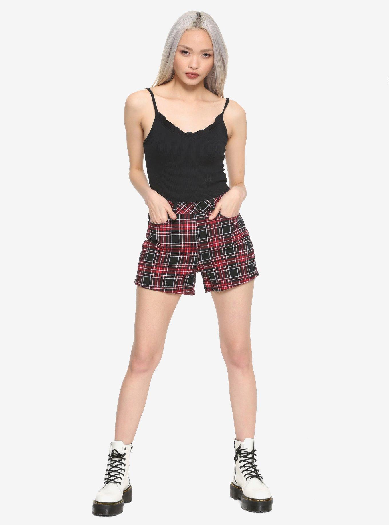 Red & Black Plaid Hi-Rise Skinny Shorts With Slits, , alternate