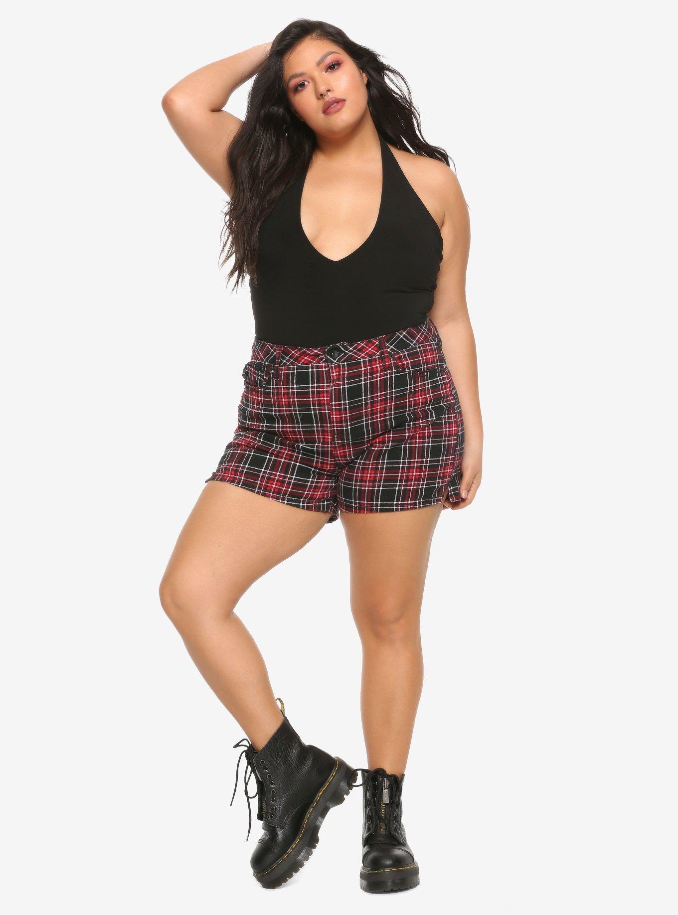 Red & Black Plaid Hi-Rise Skinny Shorts With Slits Plus Size, , alternate