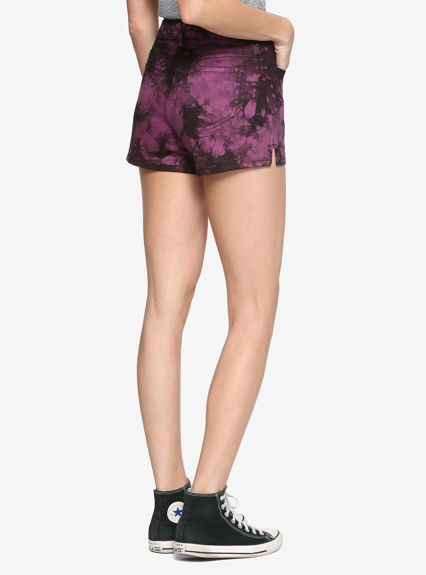 Purple & Black Tie-Dye Hi-Rise Skinny Shorts With Slits, TIE DYE, alternate