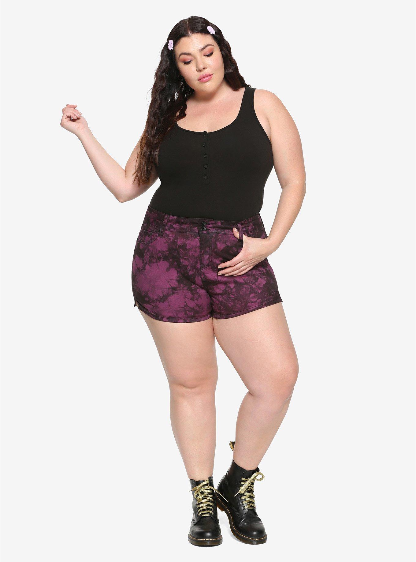 Purple & Black Tie-Dye Hi-Rise Skinny Shorts With Slits Plus Size, , alternate