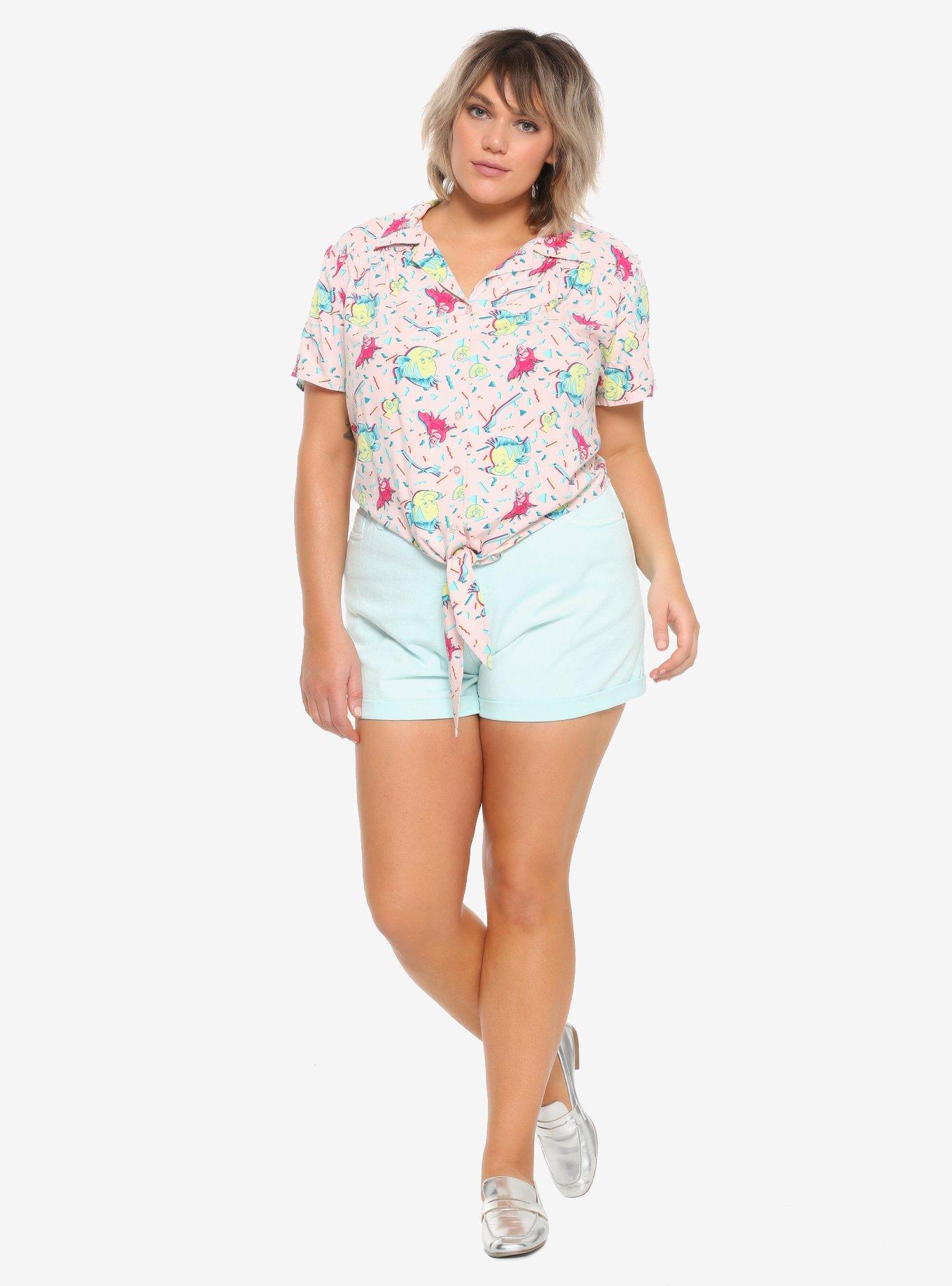 Her Universe Disney The Little Mermaid 30th Anniversary Flounder & Sebastian Tie Front Girls Woven Button-Up Plus Size, , alternate
