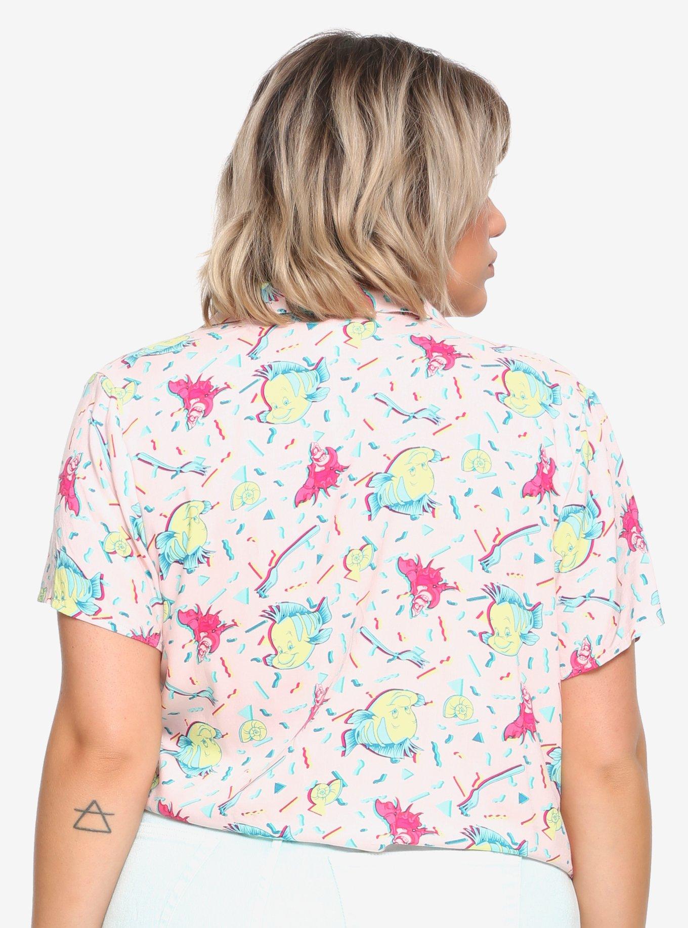 Her Universe Disney The Little Mermaid 30th Anniversary Flounder & Sebastian Tie Front Girls Woven Button-Up Plus Size, , alternate