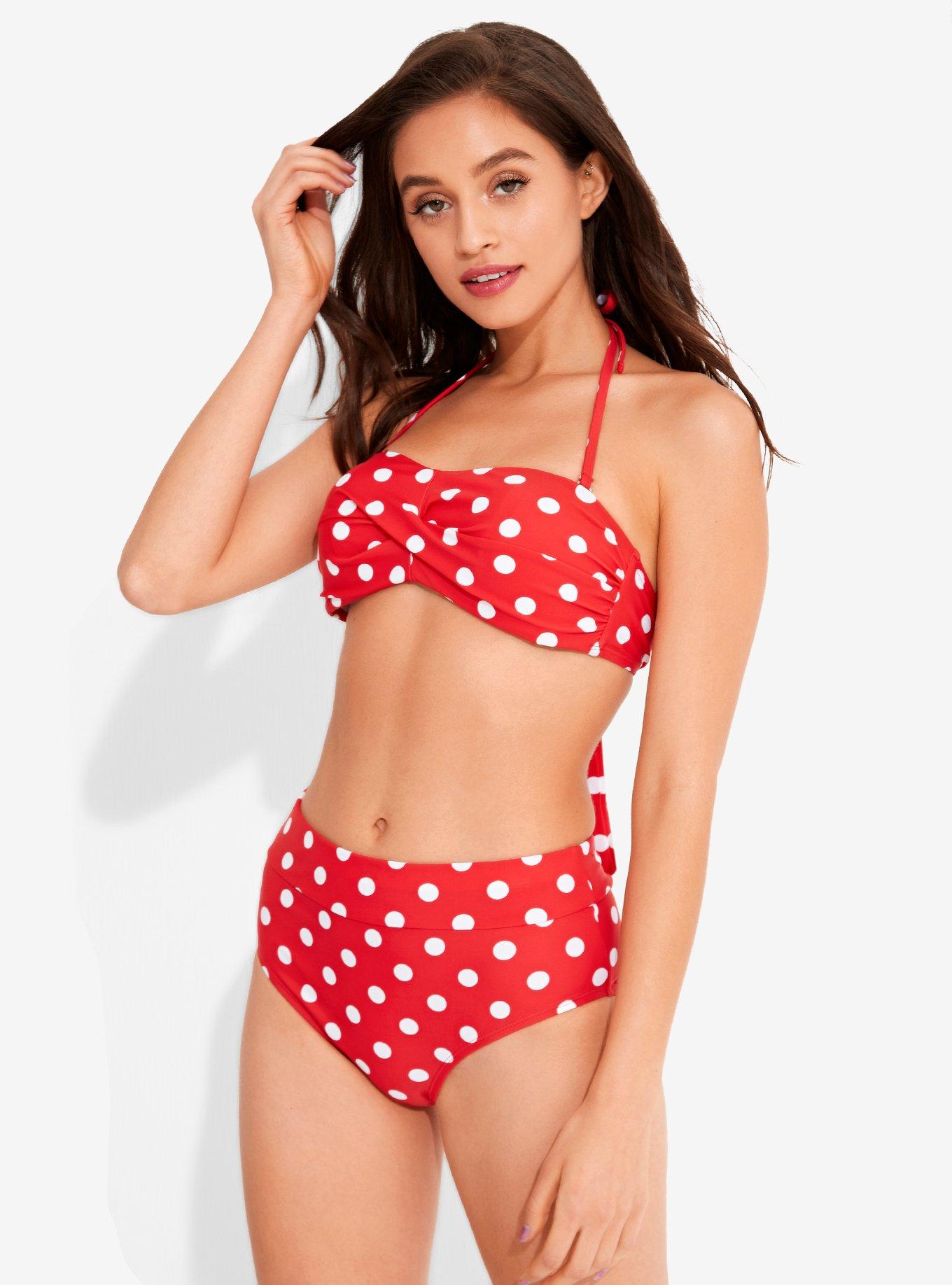 Red & White Polka Dot High-Waisted Swim Bottoms, RED, alternate