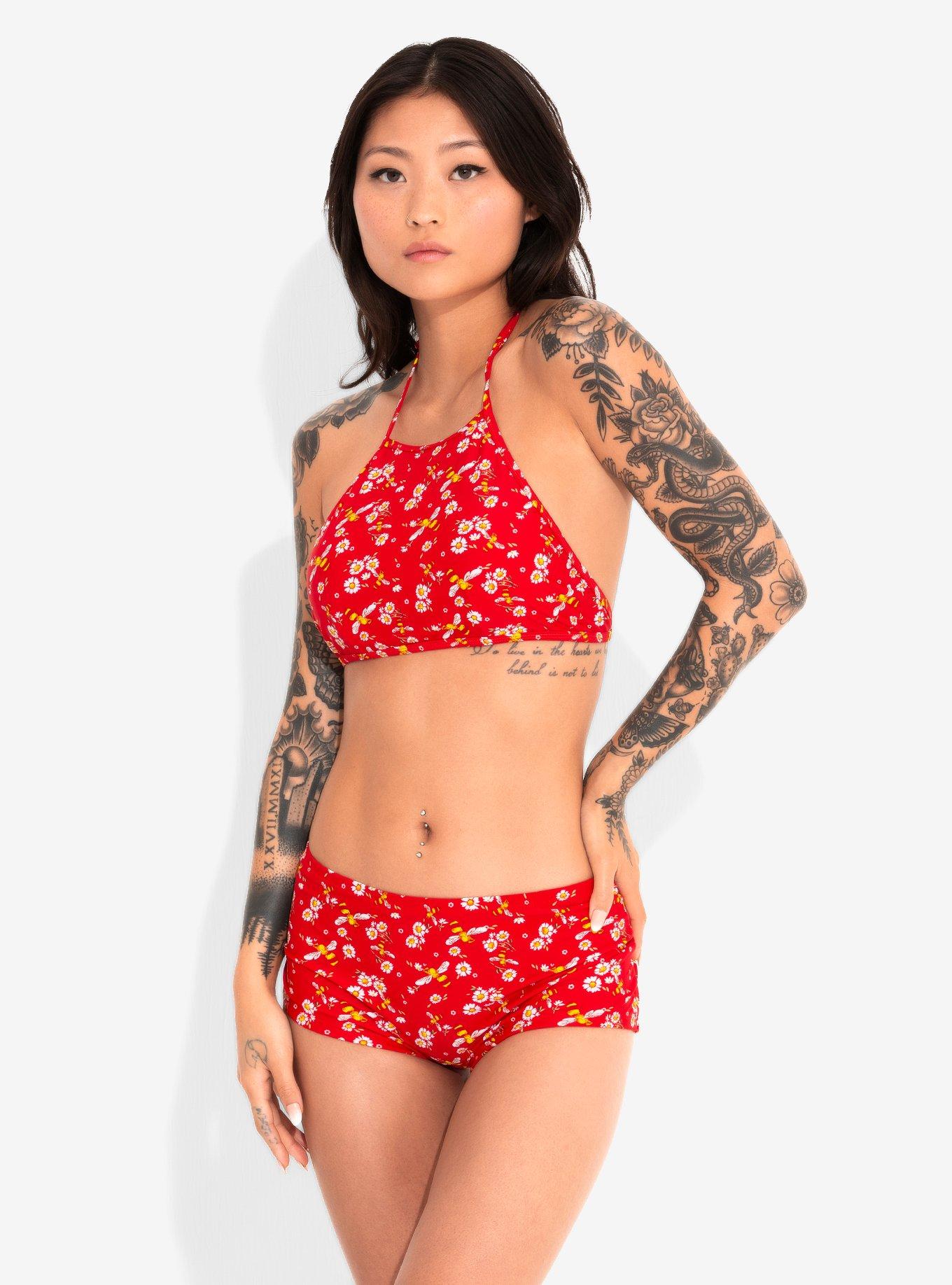 Daisy & Bumble Bee Halter Swim Top, RED, alternate