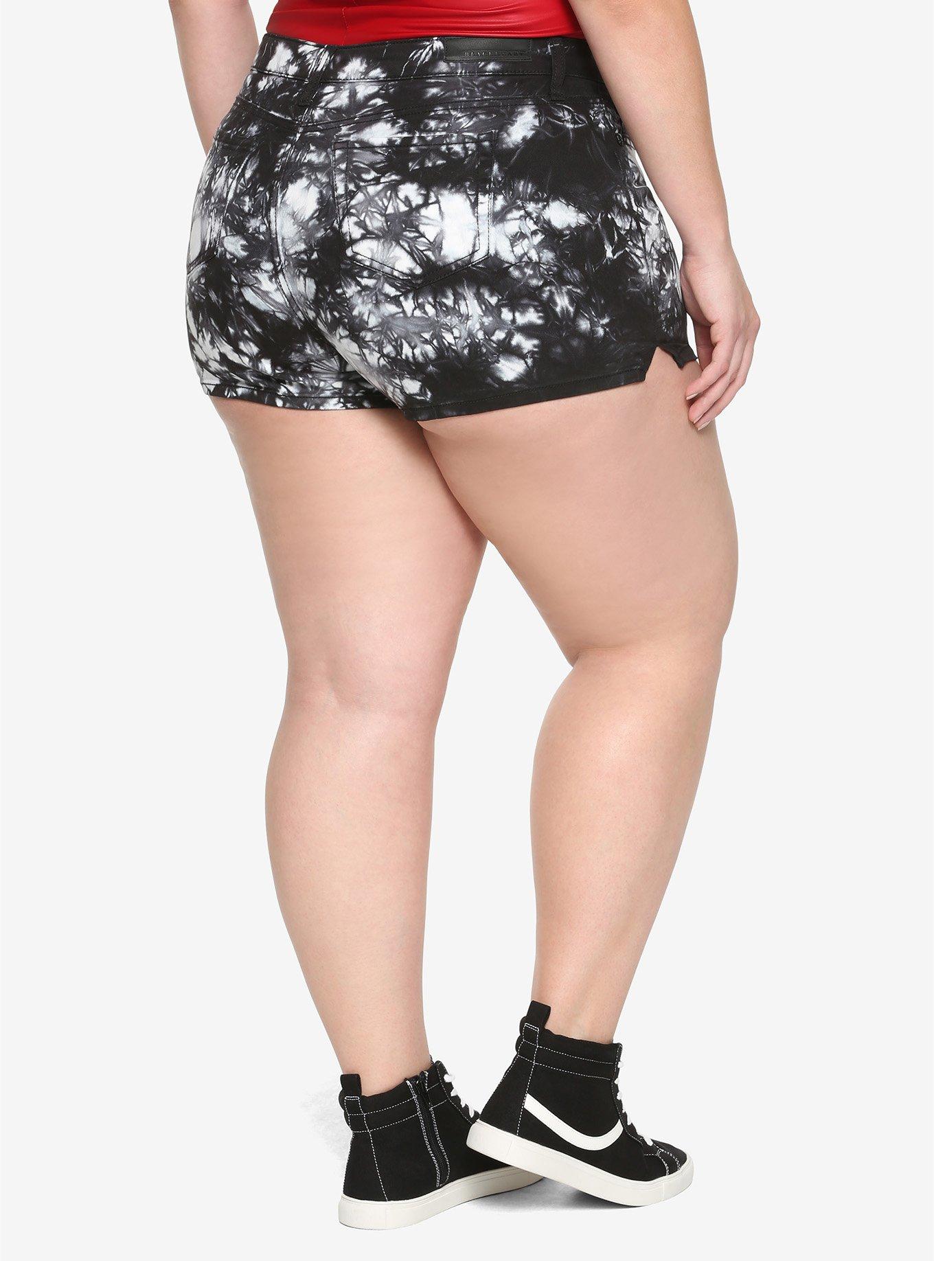 White & Black Acid Wash Hi-Rise Skinny Shorts With Slits Plus Size, , alternate