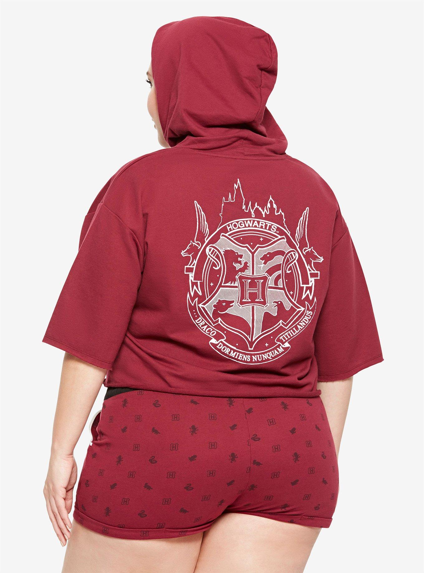 Harry Potter Hogwarts Girls Crop Short-Sleeve Hoodie Plus Size, BURGUNDY, alternate