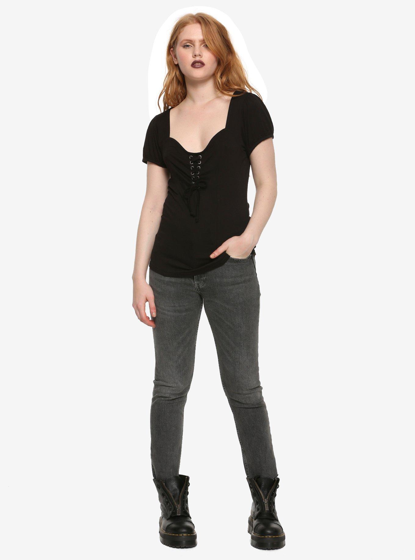 Black Lace-Up Girls Top, BLACK, alternate