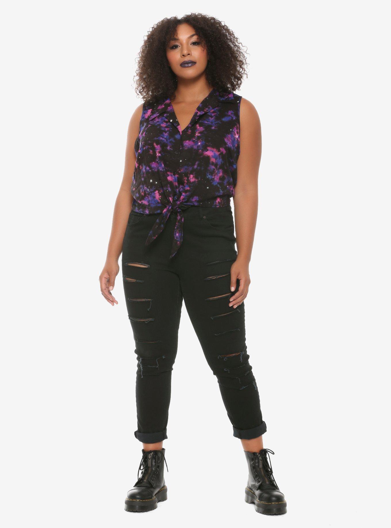 Galaxy Tie-Front Girls Woven Button-Up Plus Size, , alternate