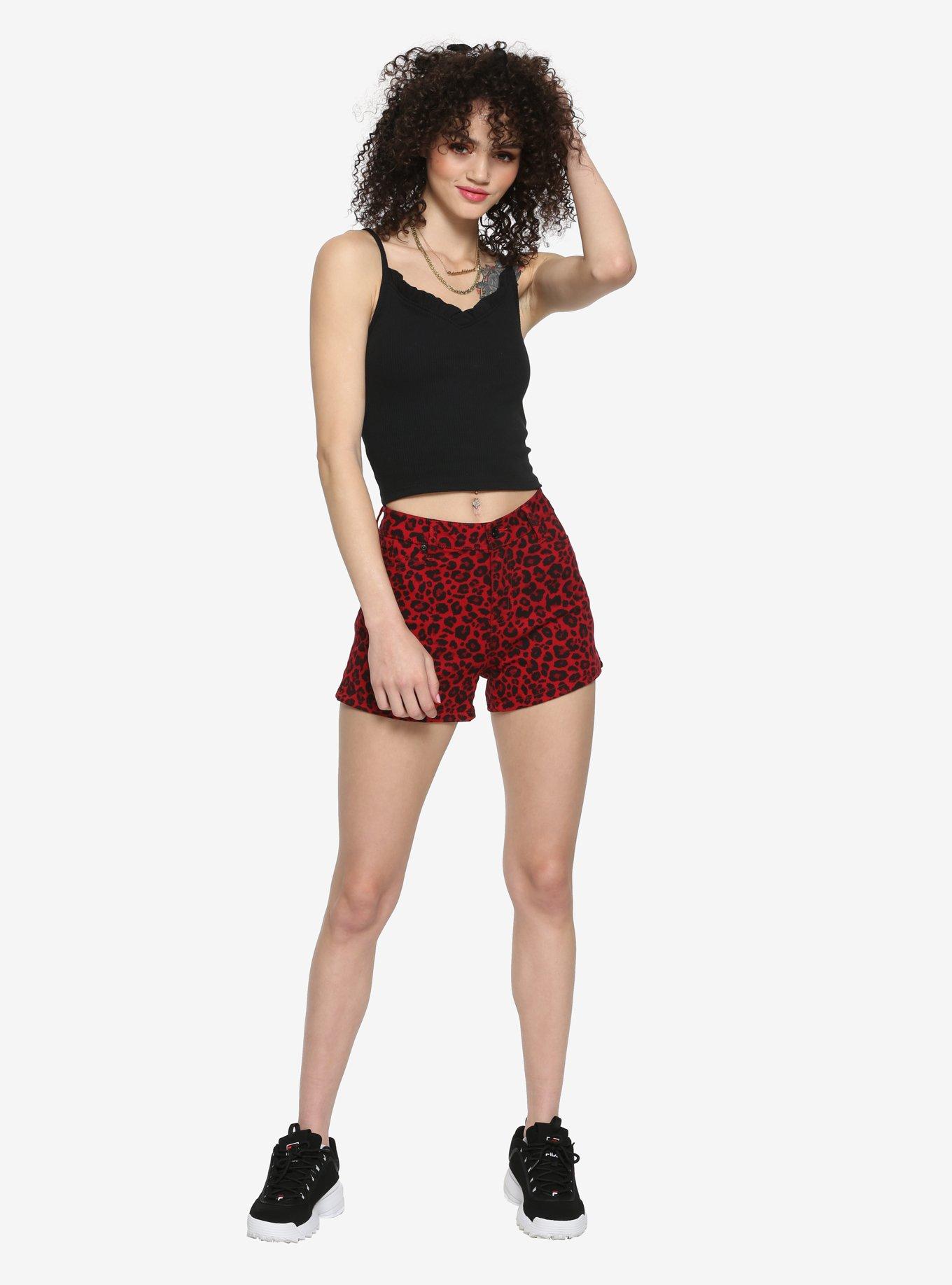 Cherry Red Leopard Print Skinny Shorts With Slits, LEOPARD, alternate