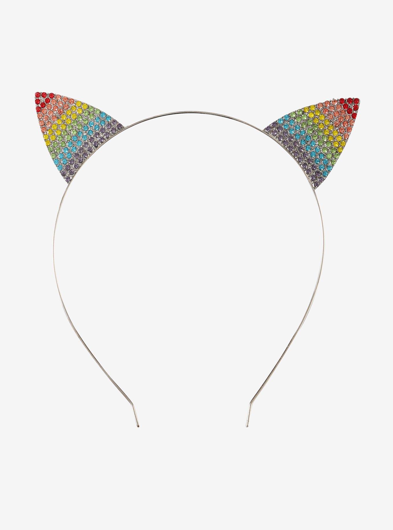 Rainbow Bedazzled Cat Ear Headband, , alternate