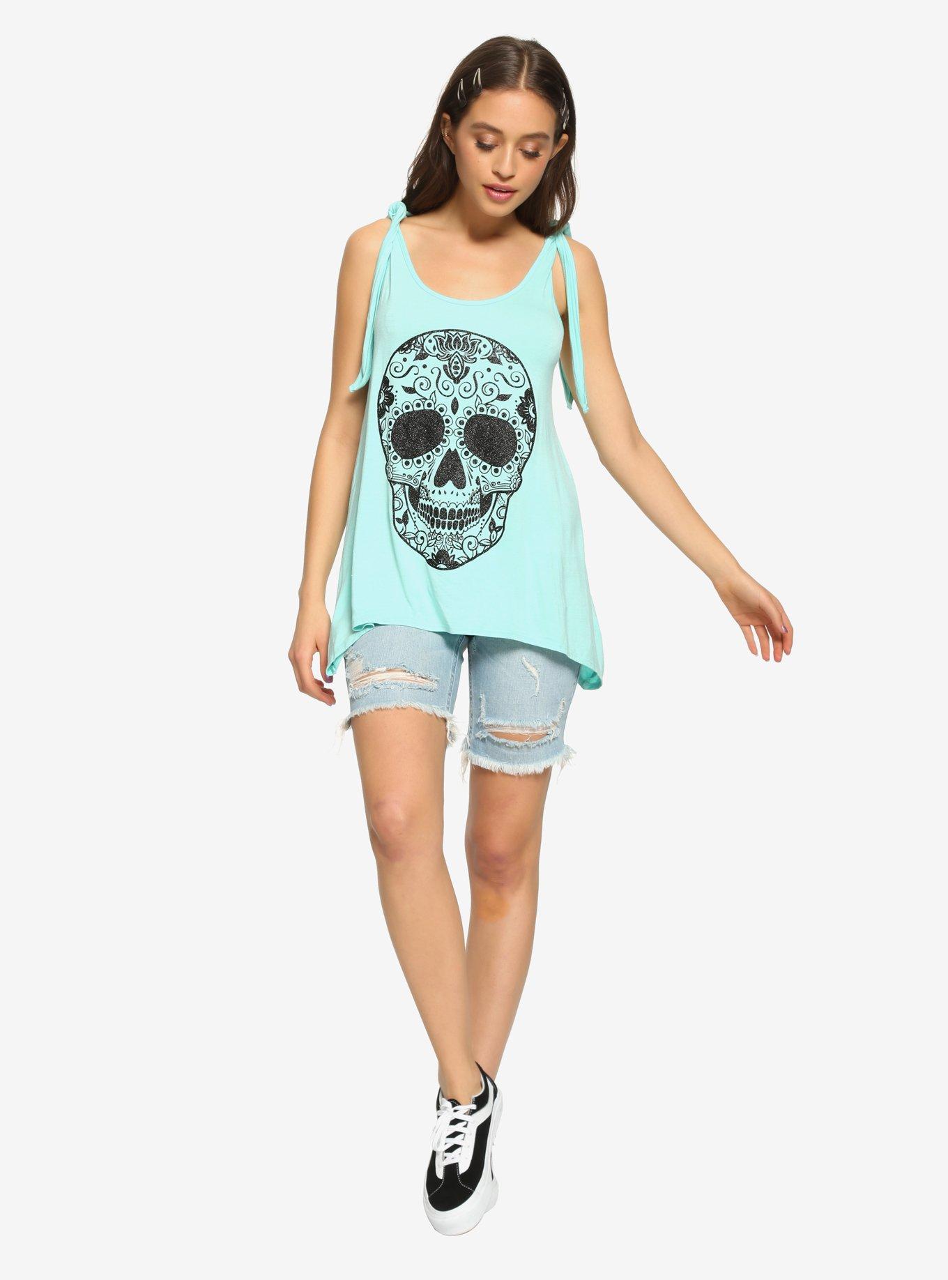 Glitter Skull Shoulder Tie Girls Tank Top, MINT, alternate