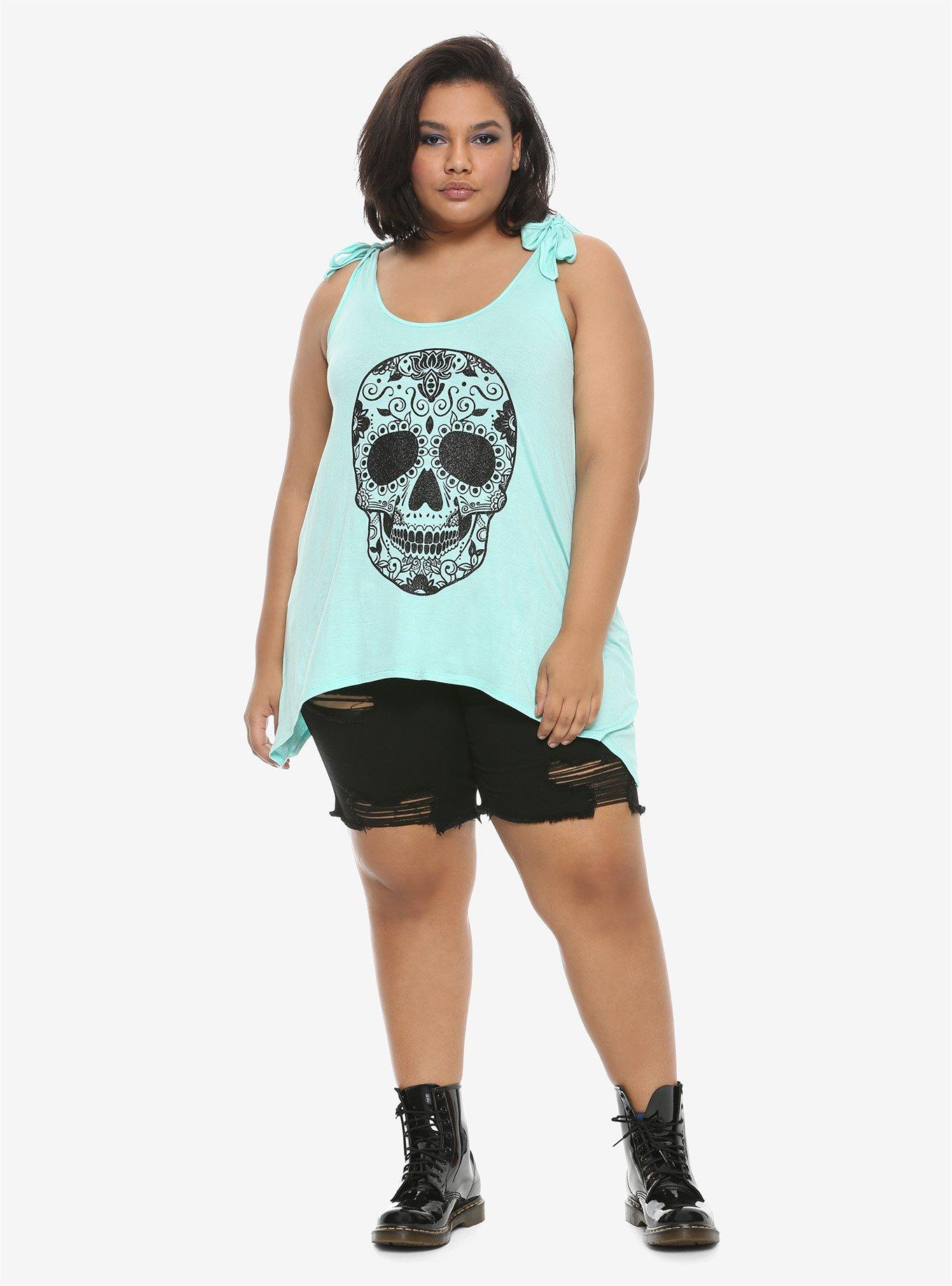 Glitter Skull Shoulder Tie Girls Tank Top Plus Size, , alternate
