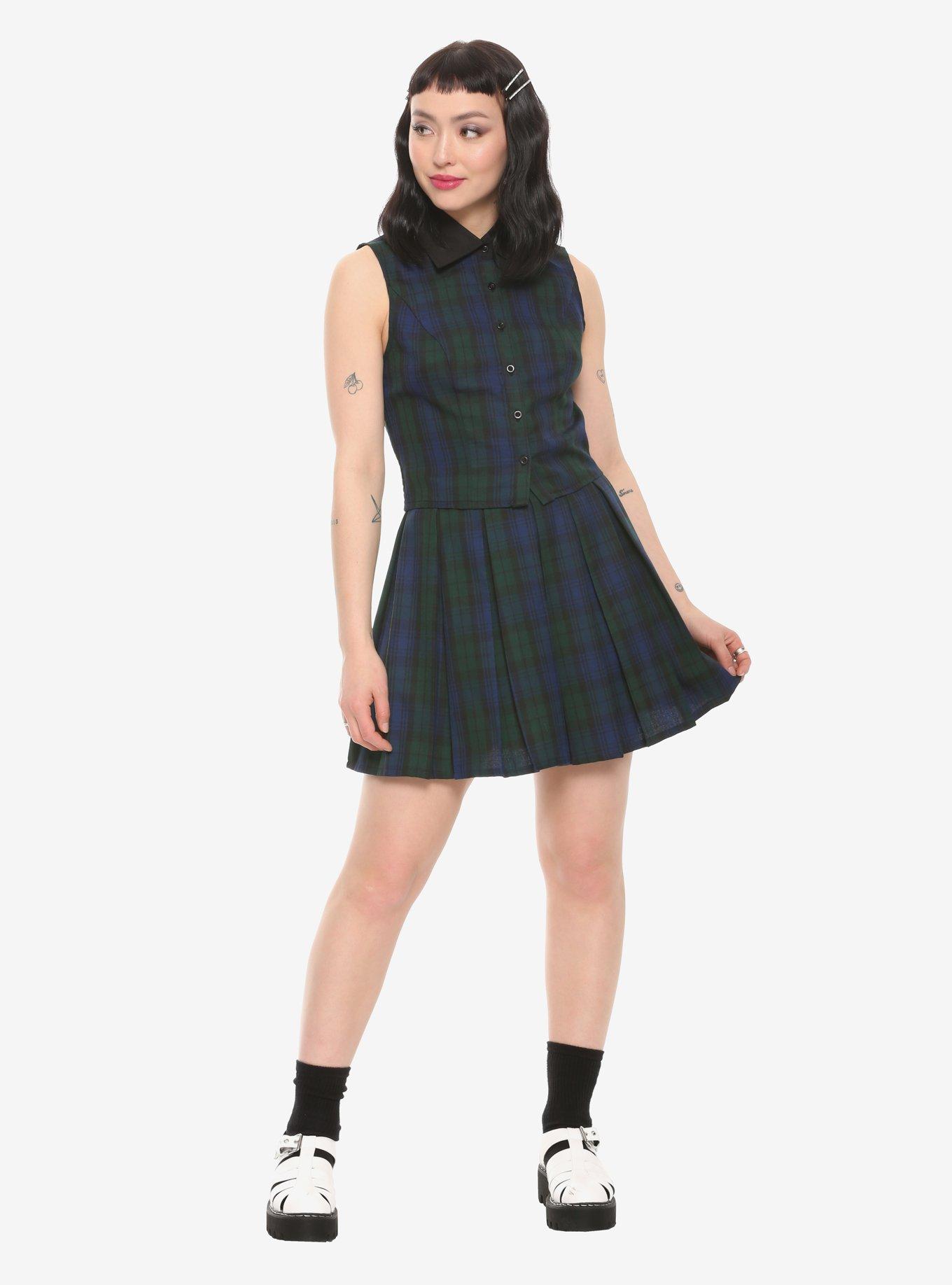Green & Blue Plaid Pleated Skirt, , alternate