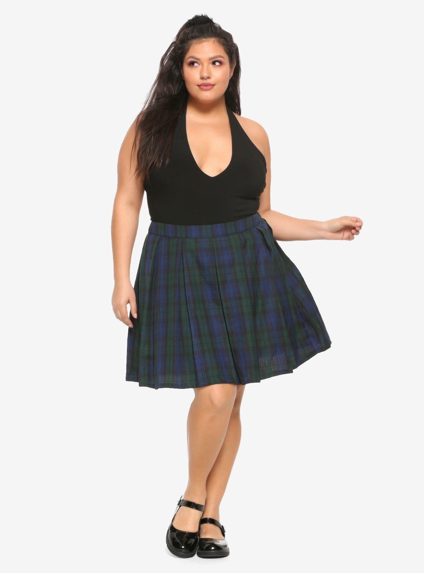 Green & Blue Plaid Pleated Skirt Plus Size, , alternate