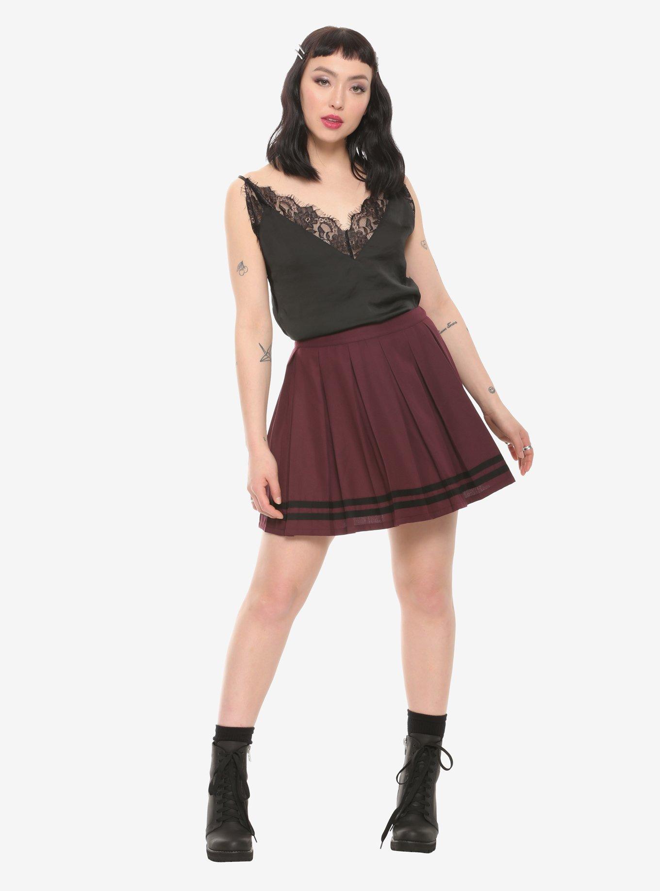 Burgundy With Black Stripe Pleated Skirt, , alternate
