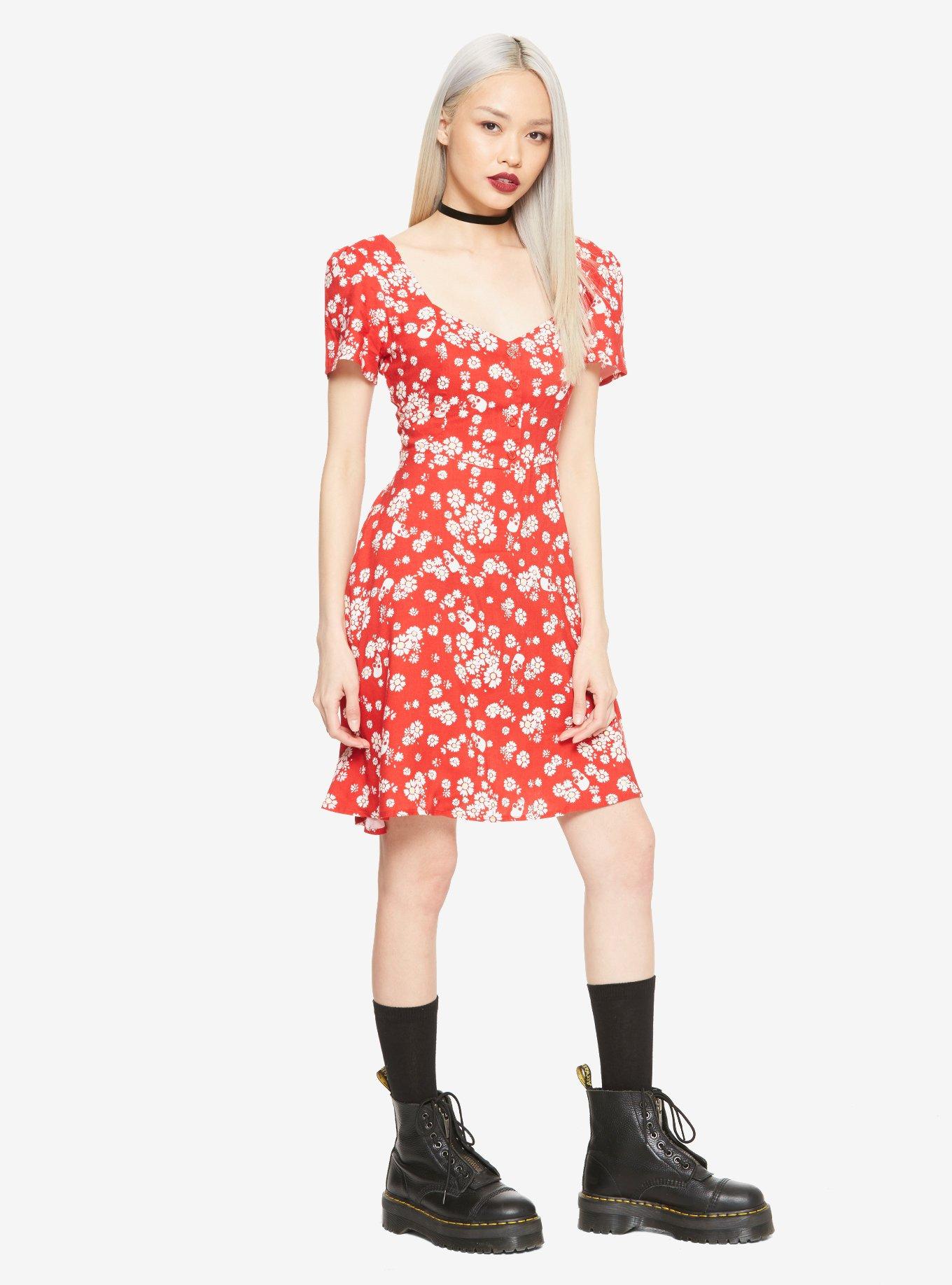 Red Daisy & Skulls Retro Dress, , alternate