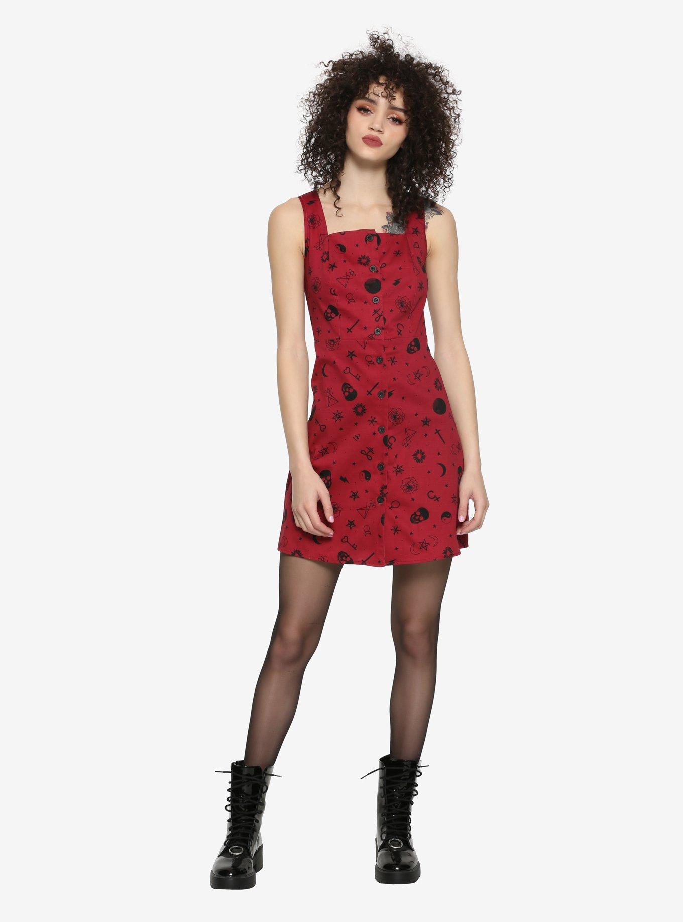 Burgundy Witch Icons Button-Up Dress, MULTI, alternate