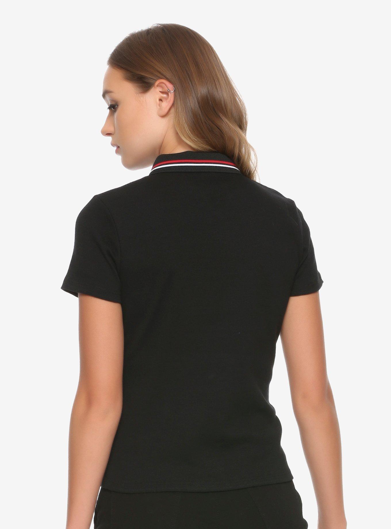 Black Striped Collar Zipper Girls Polo Shirt, , alternate
