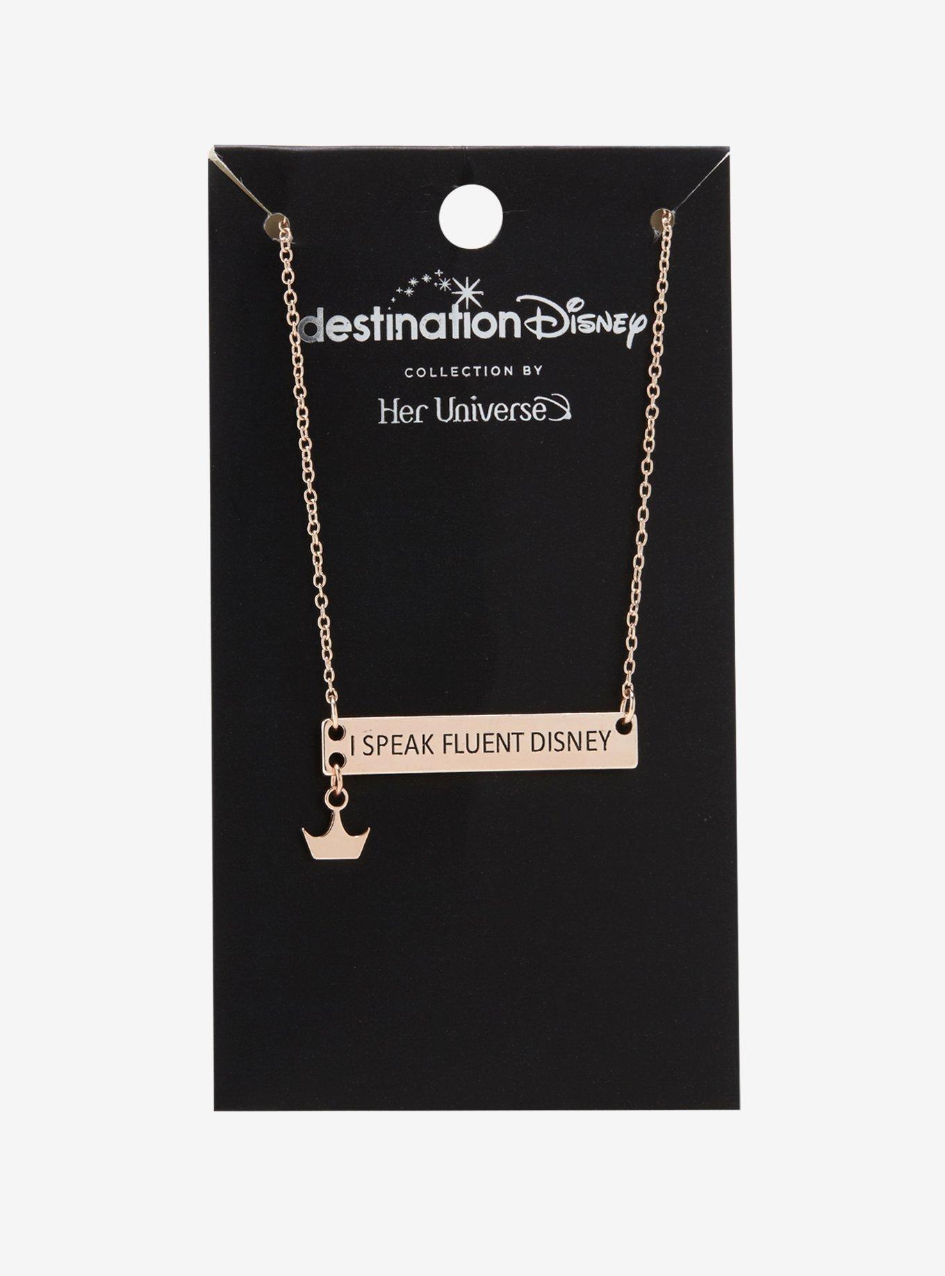 Destination Disney I Speak Fluent Disney Crown Nameplate Necklace, , alternate
