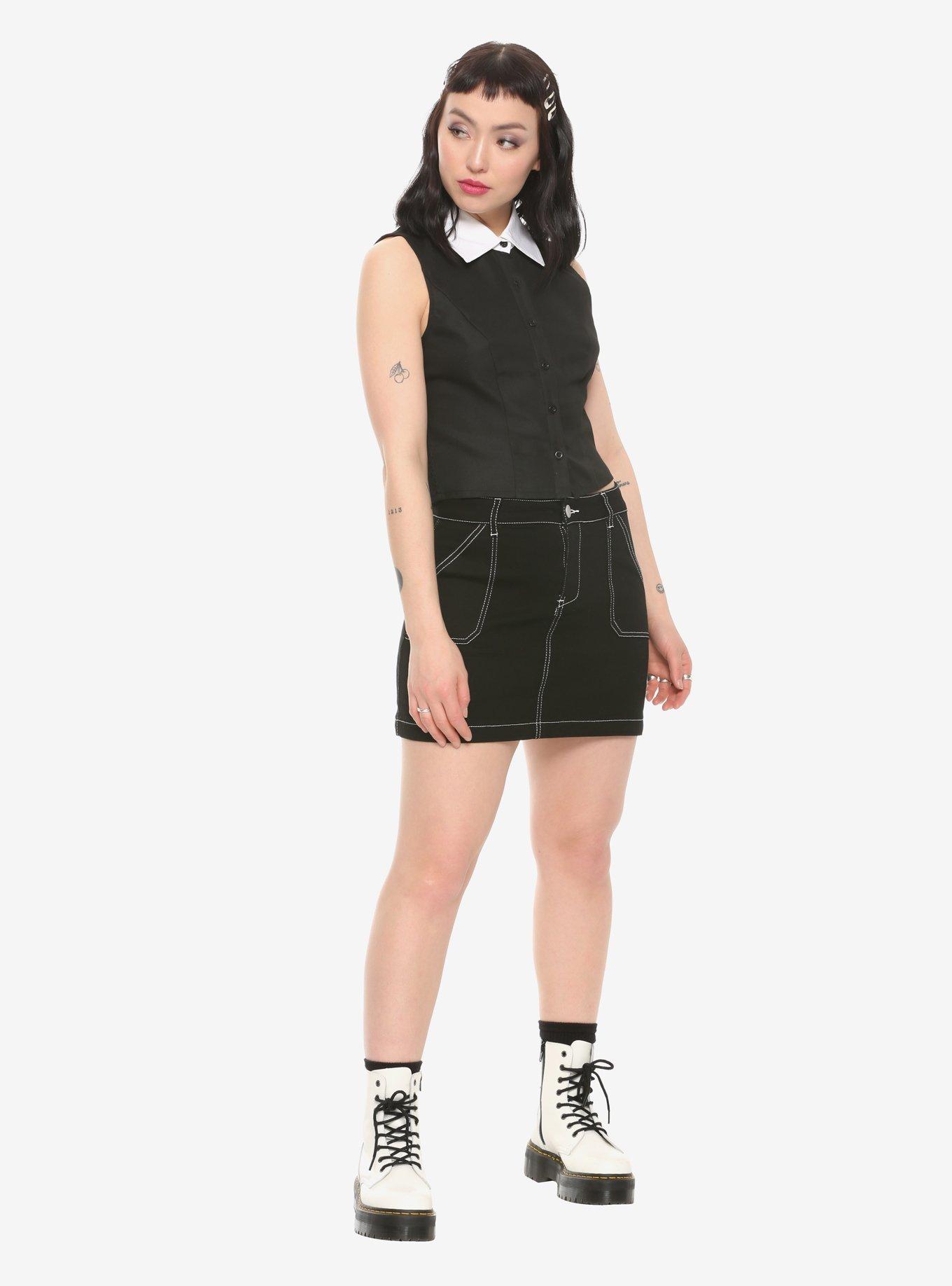 White Collared Sleeveless Girls Button-Up Top, BLACK, alternate