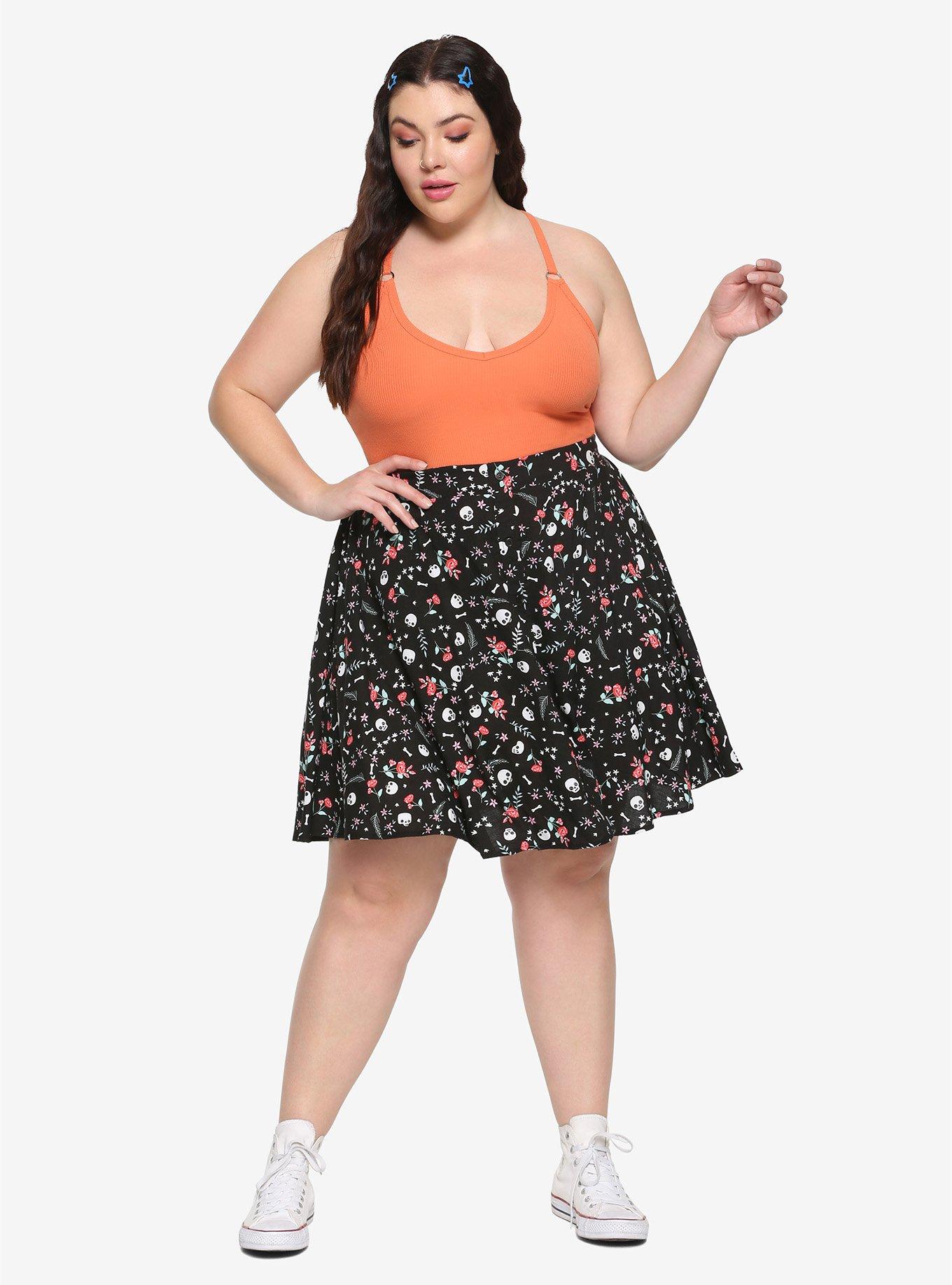 Ditsy Floral Skull Print Skirt Plus Size, FLORAL, alternate