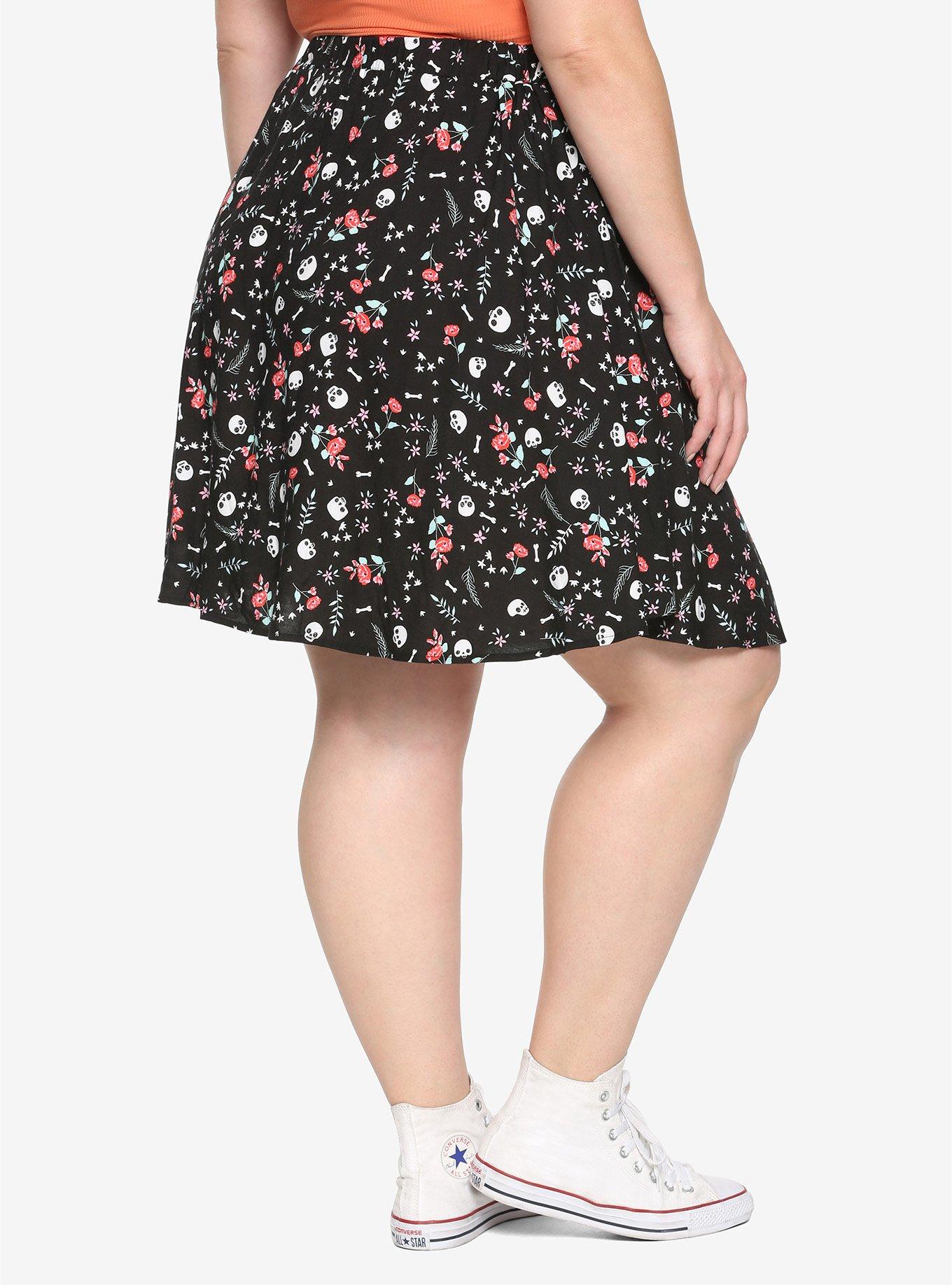 Ditsy Floral Skull Print Skirt Plus Size, FLORAL, alternate