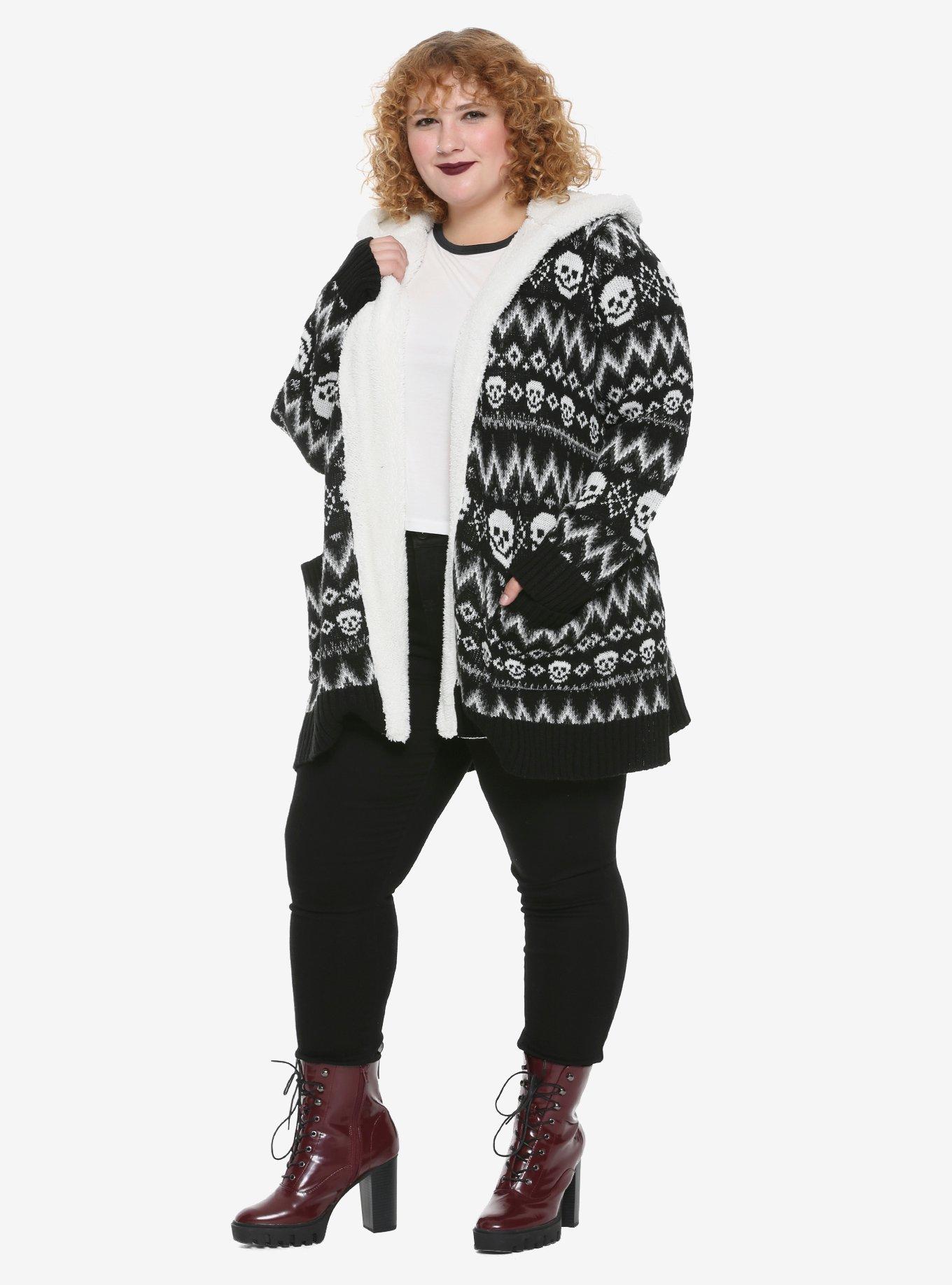 Skull Fair Isle Sherpa Girls Open Cardigan Plus Size, BLACK, alternate