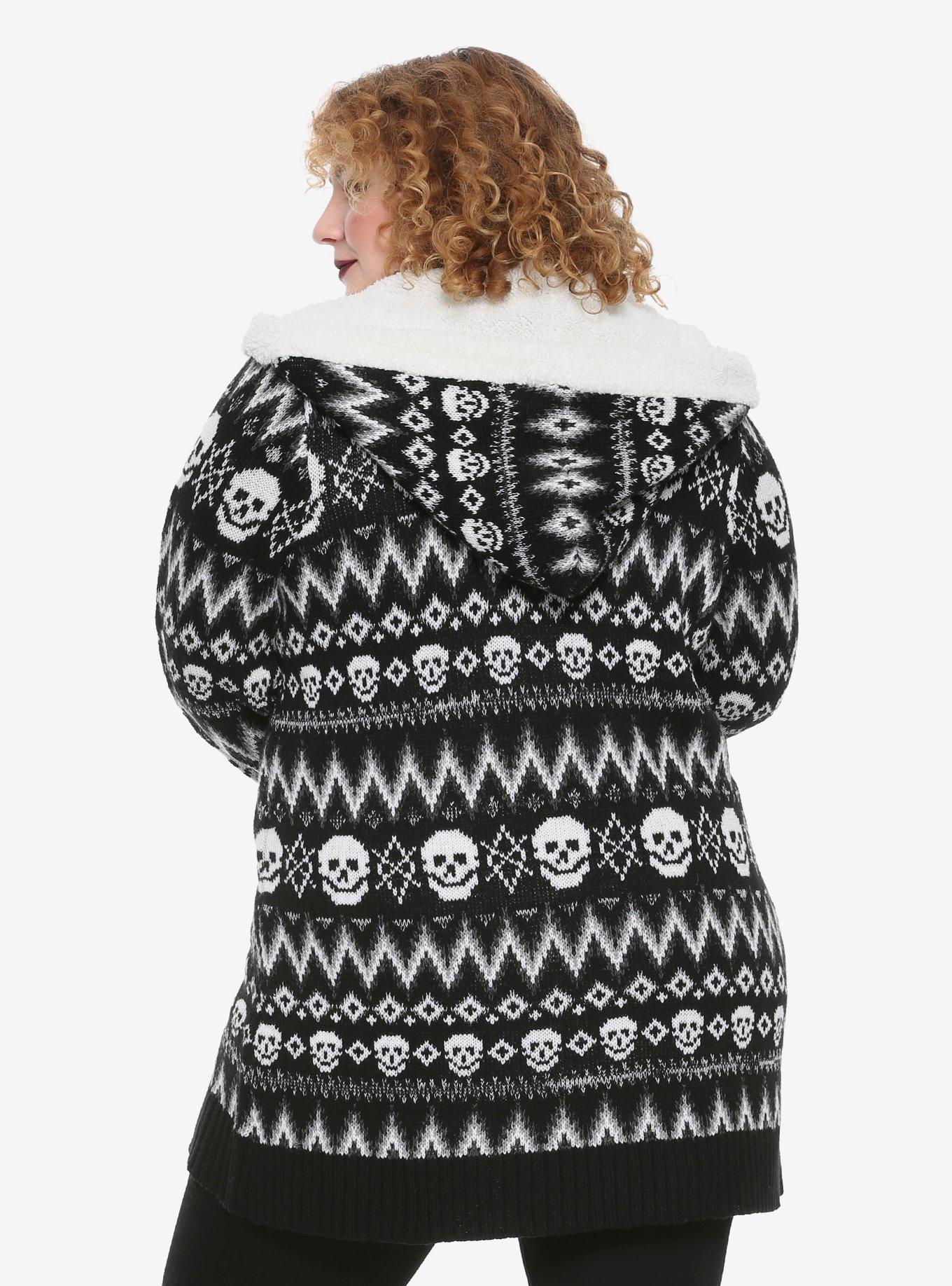 Skull Fair Isle Sherpa Girls Open Cardigan Plus Size, BLACK, alternate